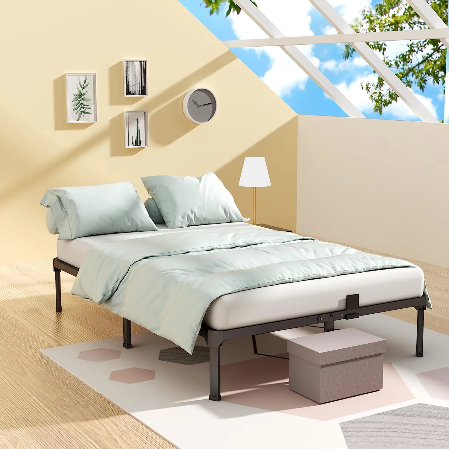 14 Inch Queen Size Bed Frame with Mattress Slide Stopper - Double Black Basic Anti Squeak Steel Slats Metal Platform, Heavy Duty Noise Free Easy Assembly Bedframes, No Box Spring Needed