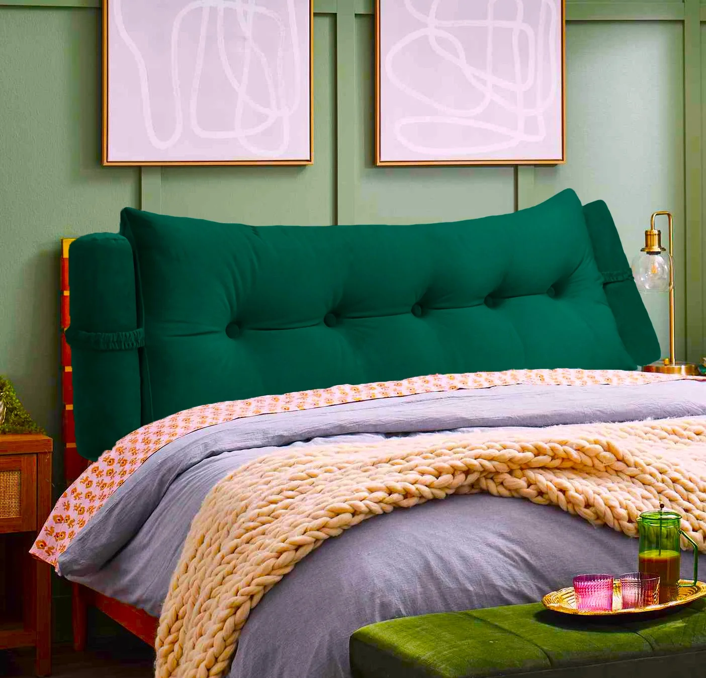 Peachwell Triangular Reading Bed Rest Pillow Large Bolster Cushion Headboard Backrest Wedge Pillow with Two Detachable Roll Pillows for Neck & Lumbar Support (Green, Queen: 59 x 8 x 20 inches)