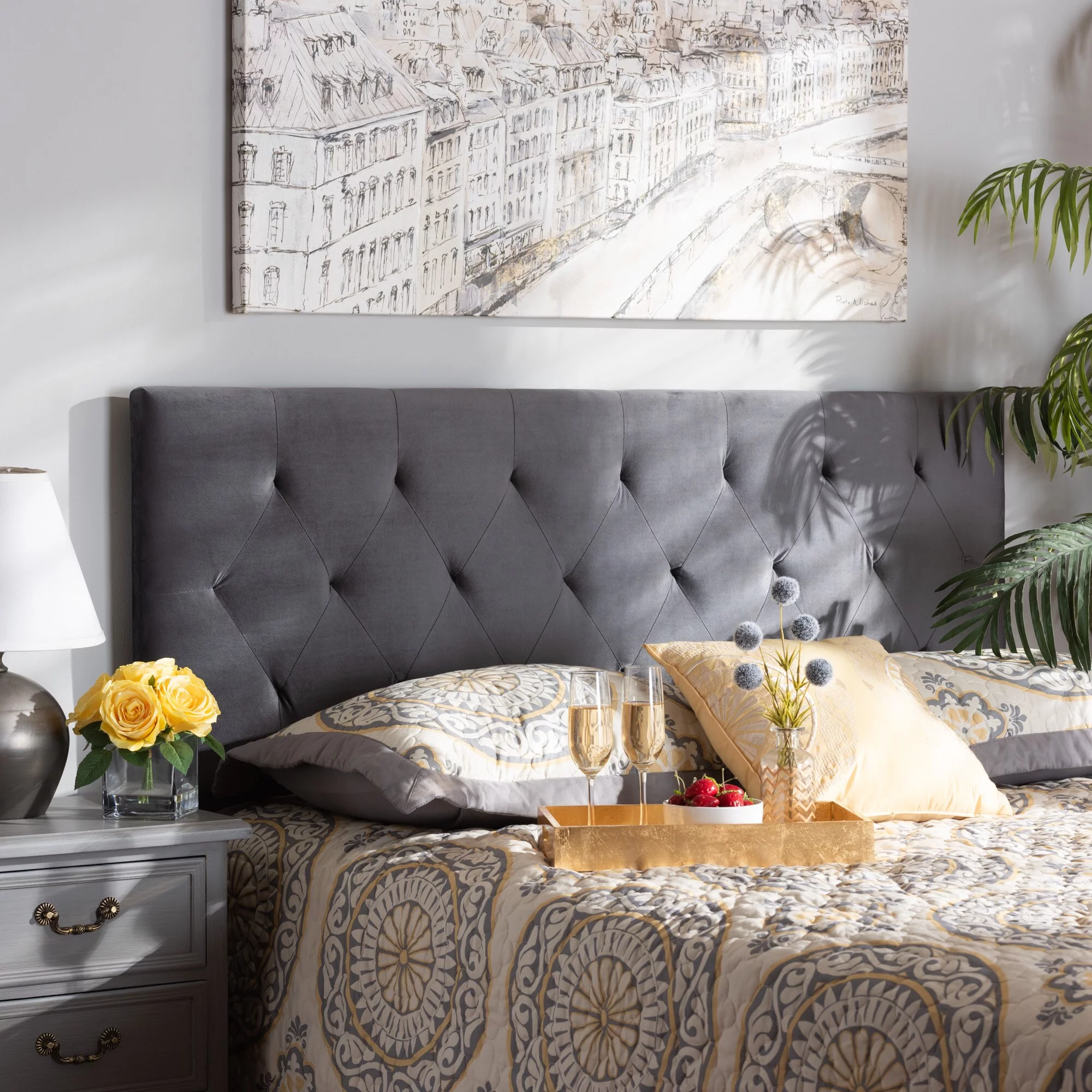 Baxton Studio Felix Modern and Contemporary Velvet Upholstered Headboard-Grey King