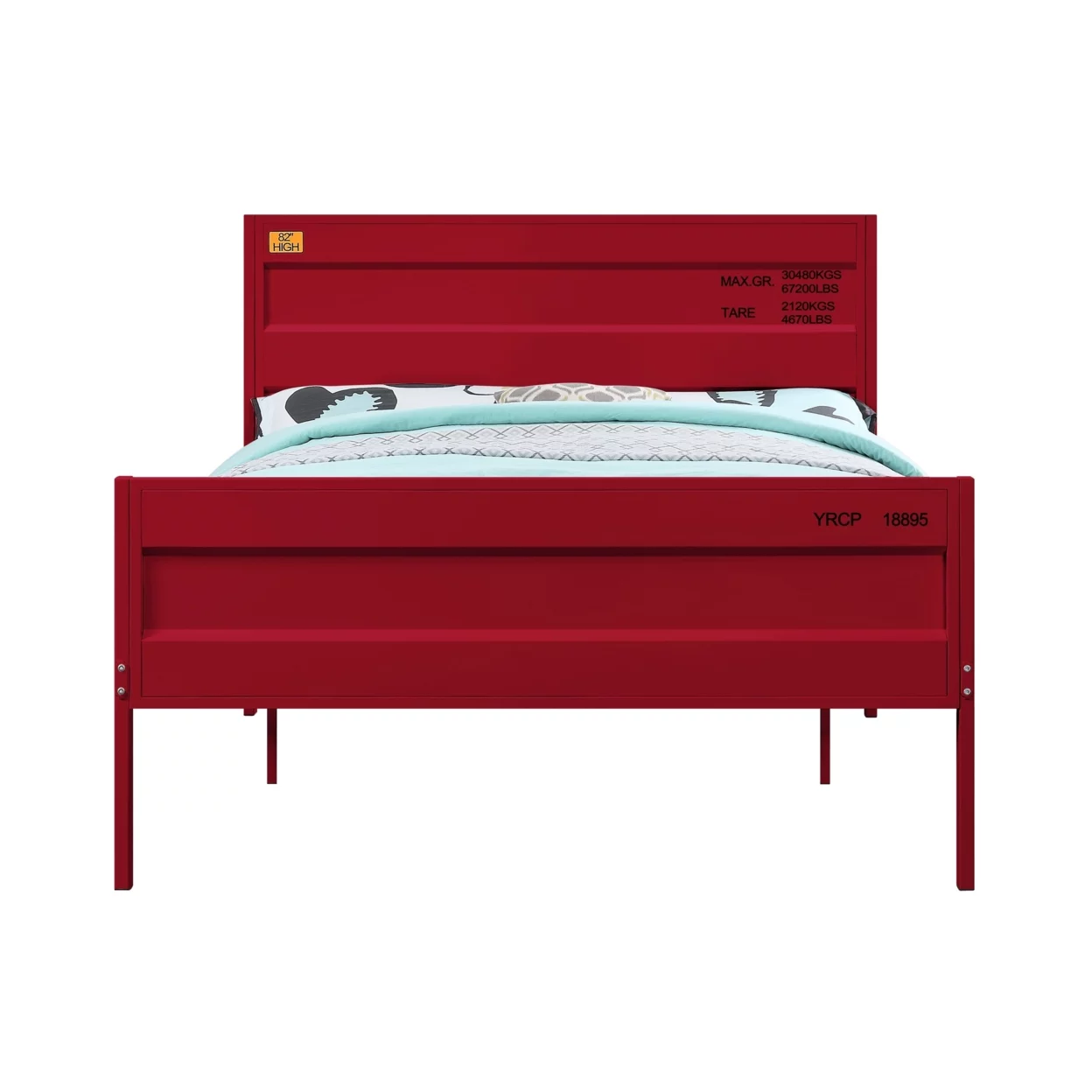 Industrial Style Metal Full Size Bed with Straight Leg Support, Red- Saltoro Sherpi