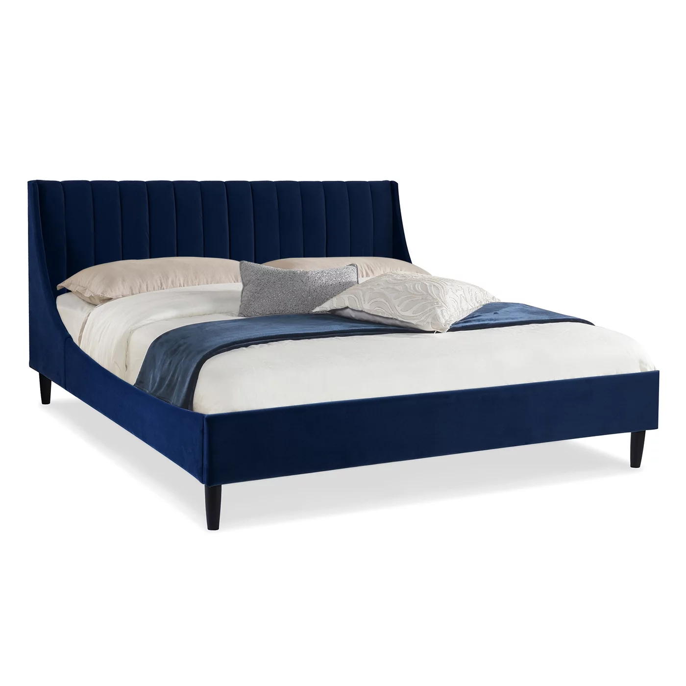 Aspen Vertical Tufted Headboard Platform Bed Set King Navy Blue Velvet