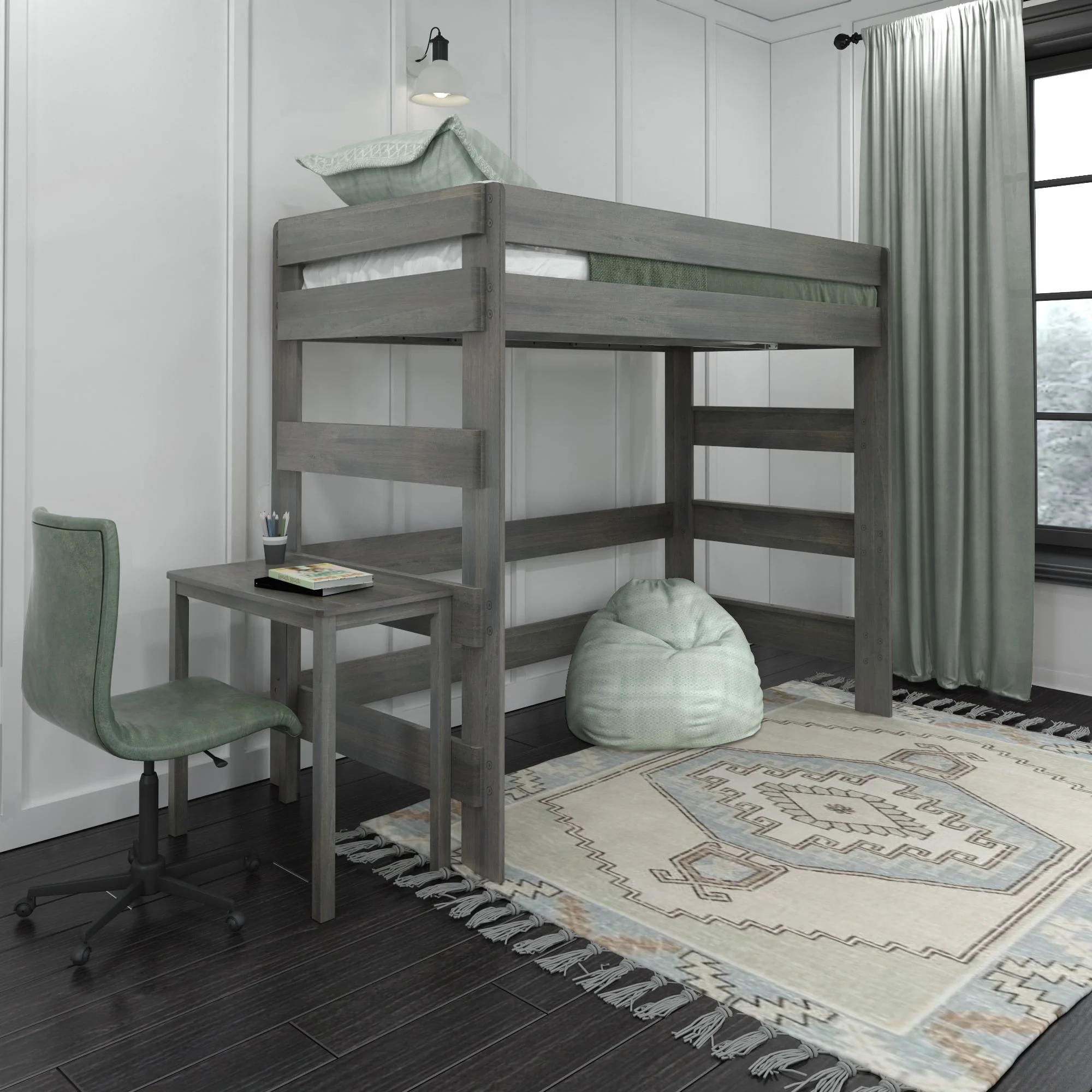Max & Lily High Loft Bed with Desk, Modern Farmhouse Twin Loft Bed for Kids Wood, Driftwood