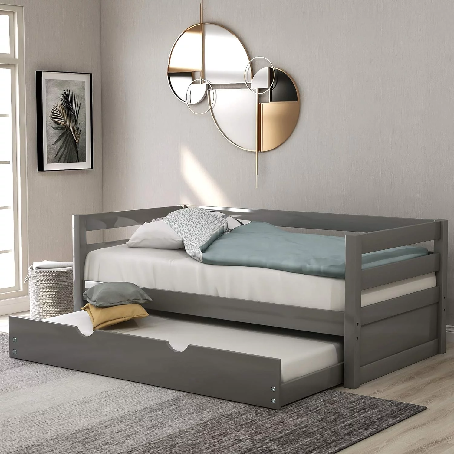 Solid Wood Frame Daybed With Pull Out Trundle, Captains Bed Bed Frame For Kids (Grey)