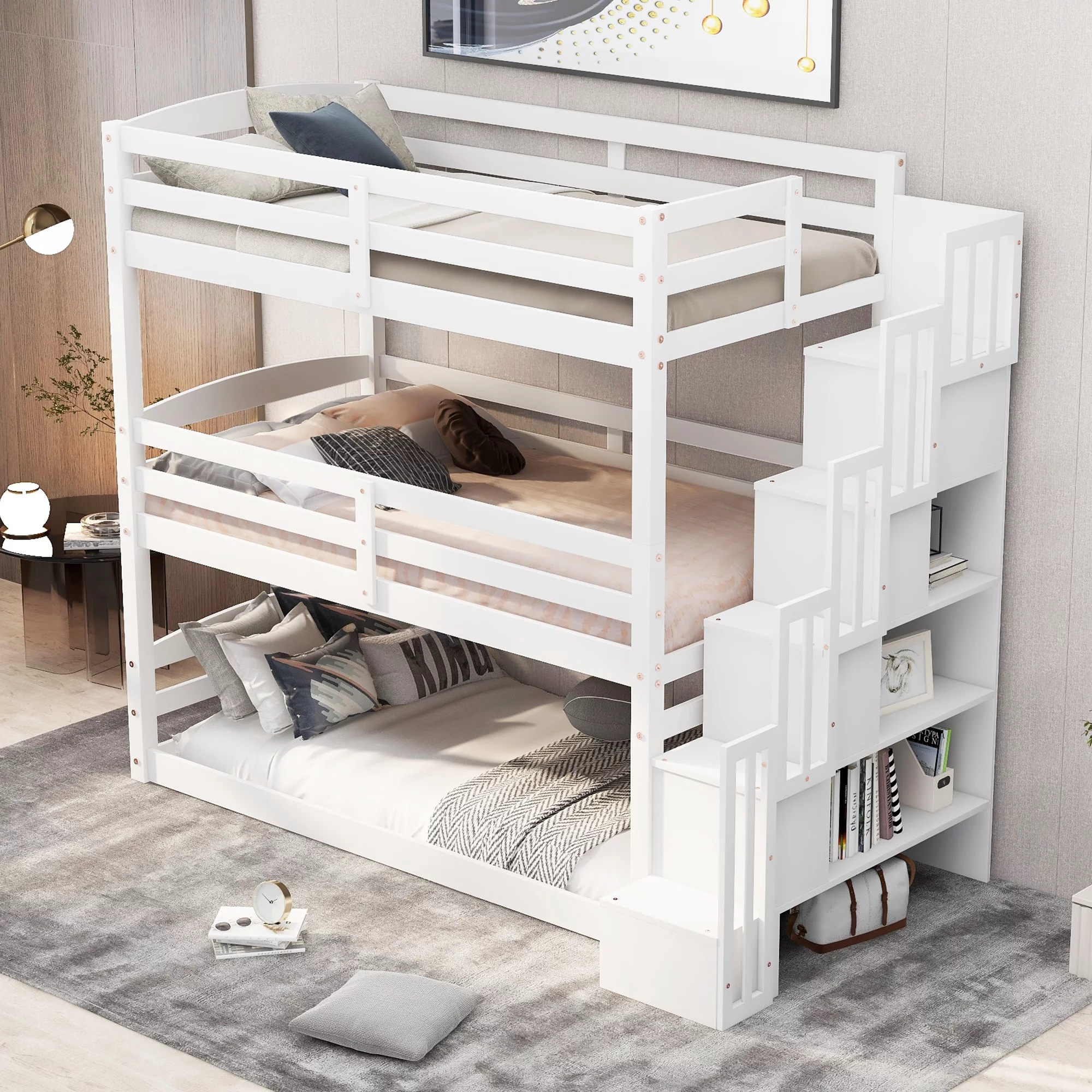 CoSoTower Twin Size Triple Bunk Bed With Storage Staircase, Separate Design, White, Expected Arrival Time:1010