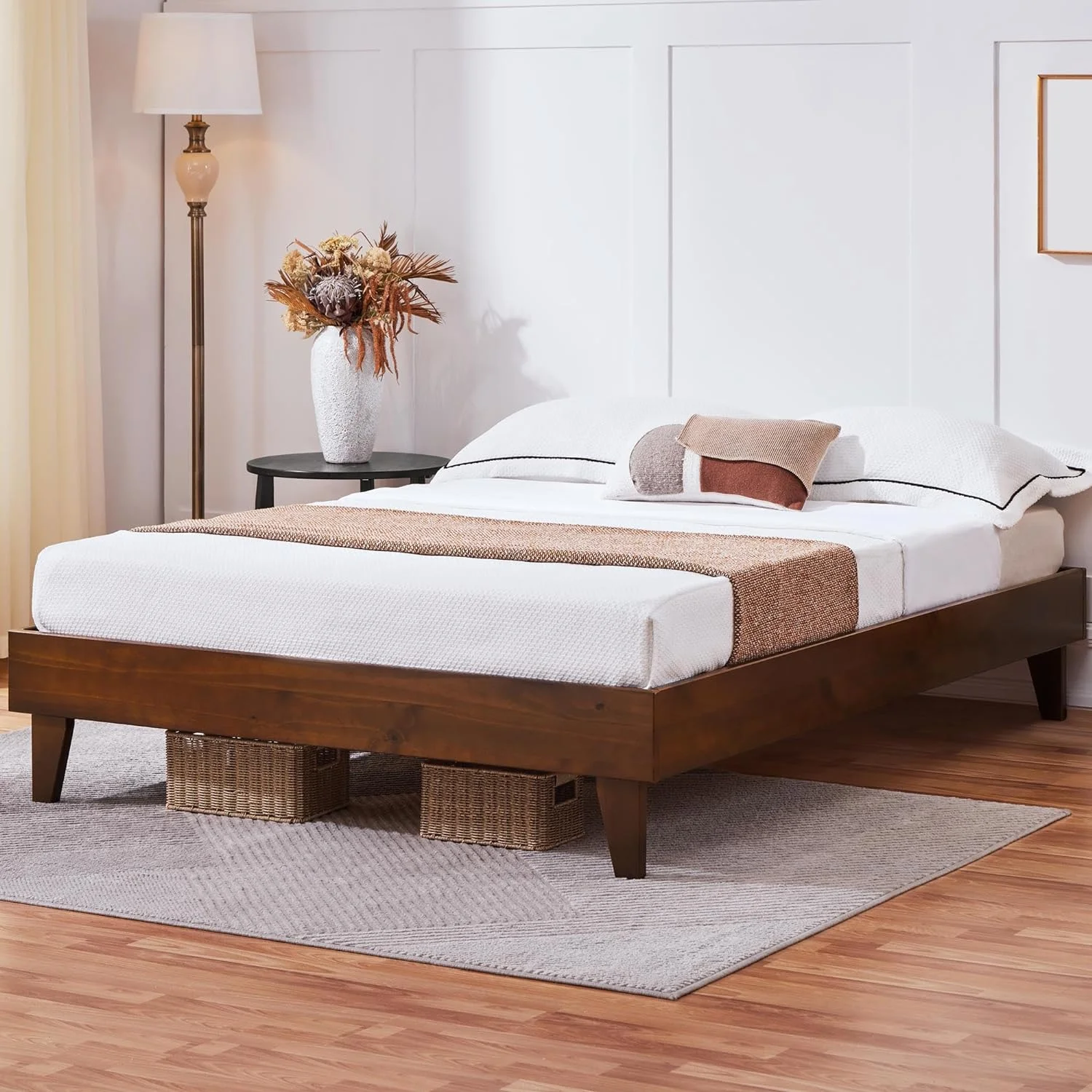 Queen Bed Frame Deluxe Natural Solid Pine Wood Platform Bed, Reserved Holes for DIY Headboard/Wooden Slats Support/7.5″ Clearance Space/No Noise/Easy Assembly, Smoked Walnut Queen Bed