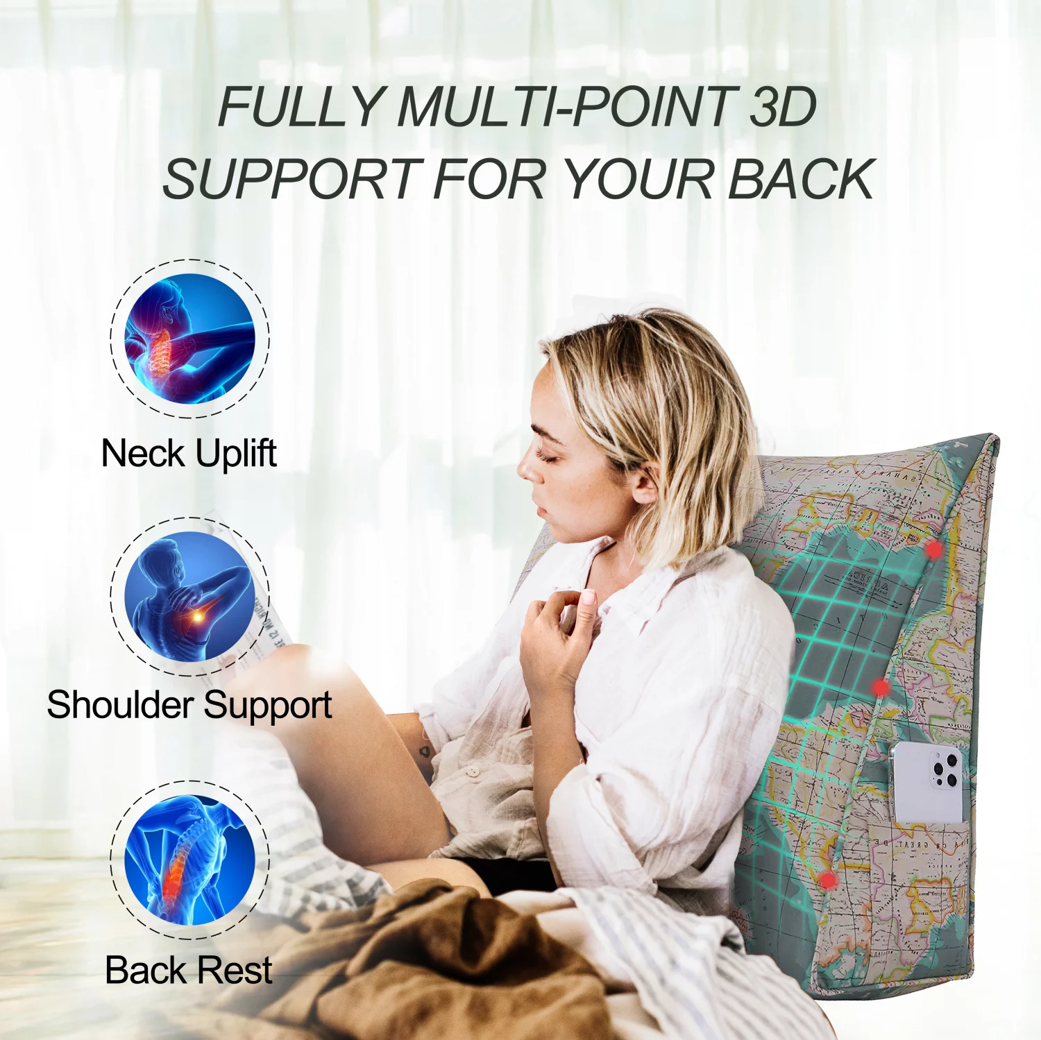 Rounuo Wedge Headboard Pillow for Twin Bed Back Support Bed Rest Cushion Couch Daybed Lounge Sofa Backrest 100% Cotton Blue Butterfly -24 x 8 x 20 Inch Map Green