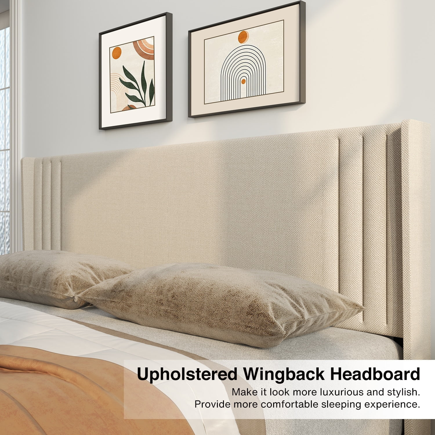 Gizoon Queen/ Full Wingback Platform Bed Frames with Under-bed Storage Beige - Queen