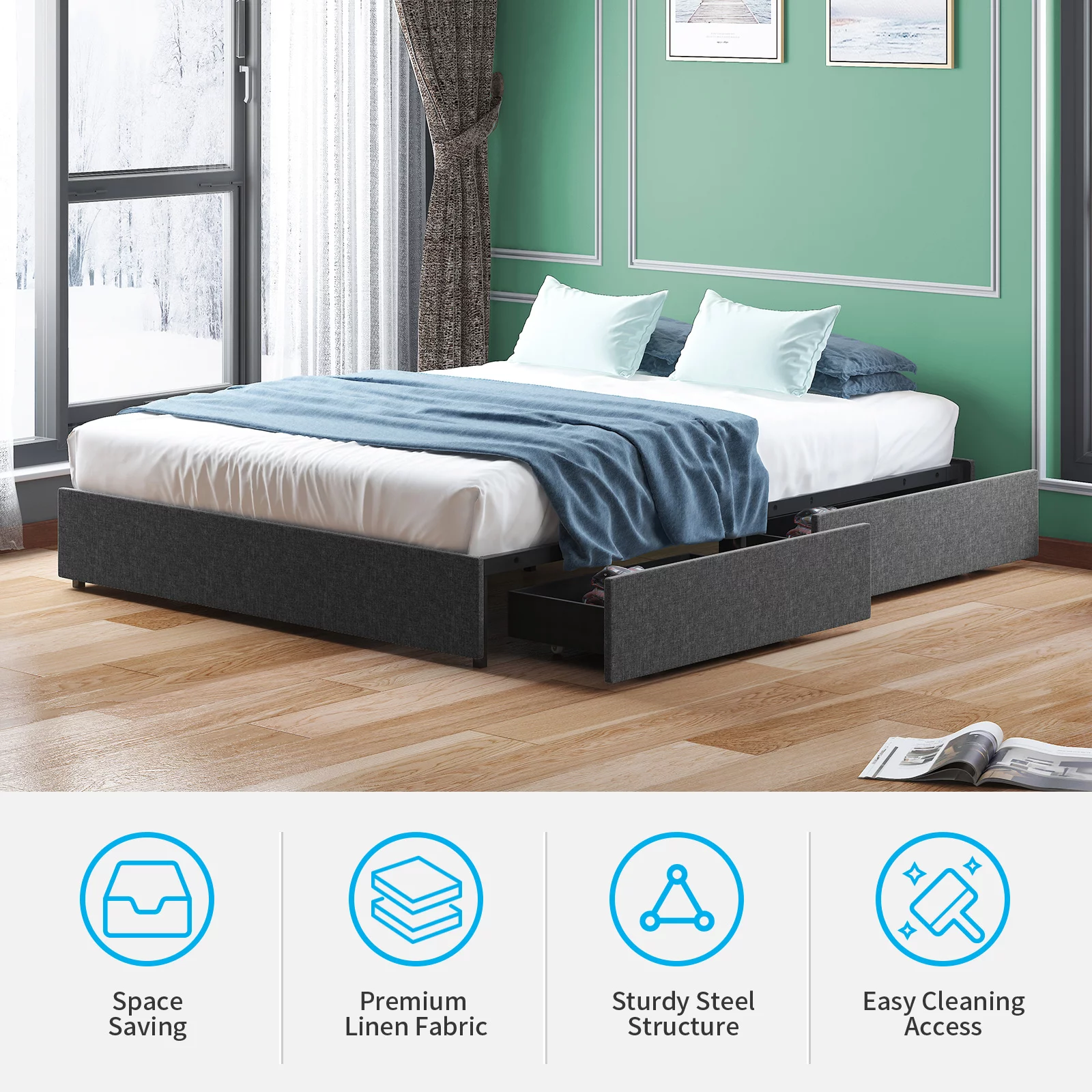 Mjkone King Platform Bed Frame with 4 Storage Drawers/Upholstered Bed Frame without Headboard Customizable/Solid Wood Slat Support/Under Bed Storage/Noise Free/No Box Spring Needed(King,Dark Grey)