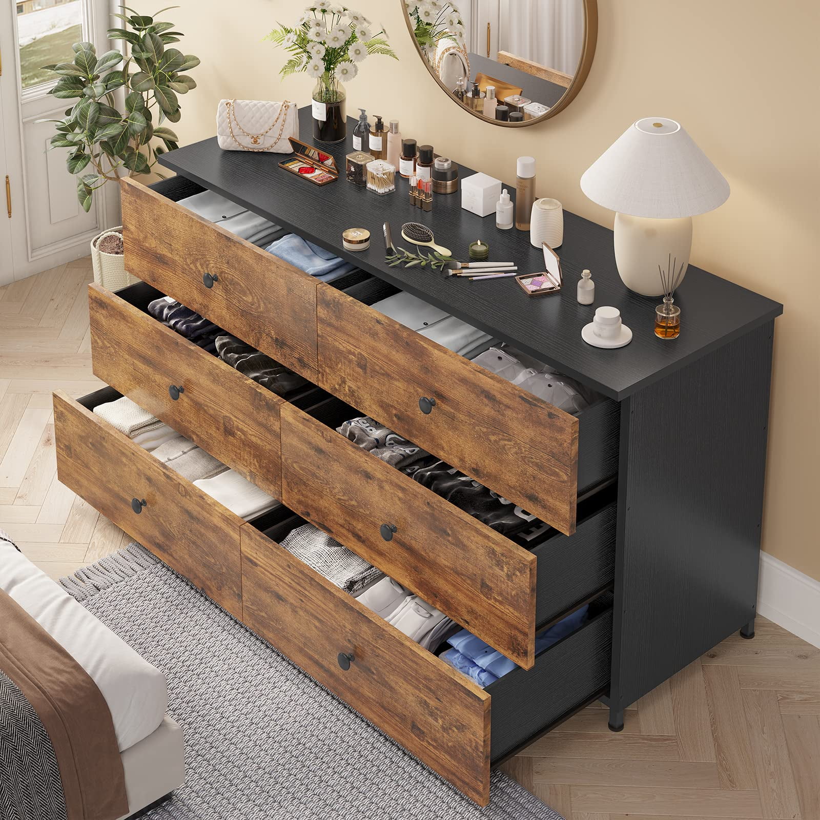 Afuhokles 6 Double Drawer Dresser, Wooden Chest of Drawers with Heavy Sturdy Steel Frame for Bedroom, Rustic Brown