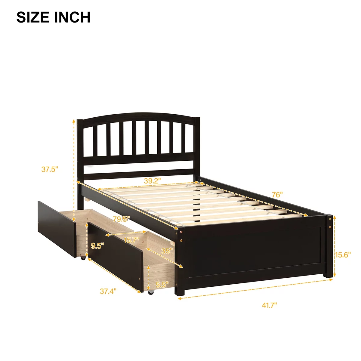 Twin Bed with 2 Storage Drawers Wood Platform Bed with Headboard Wooden Slats Support Mattress Foundation, No Spring Needed, Twin Bed Frame for Kids, Teens, Adults