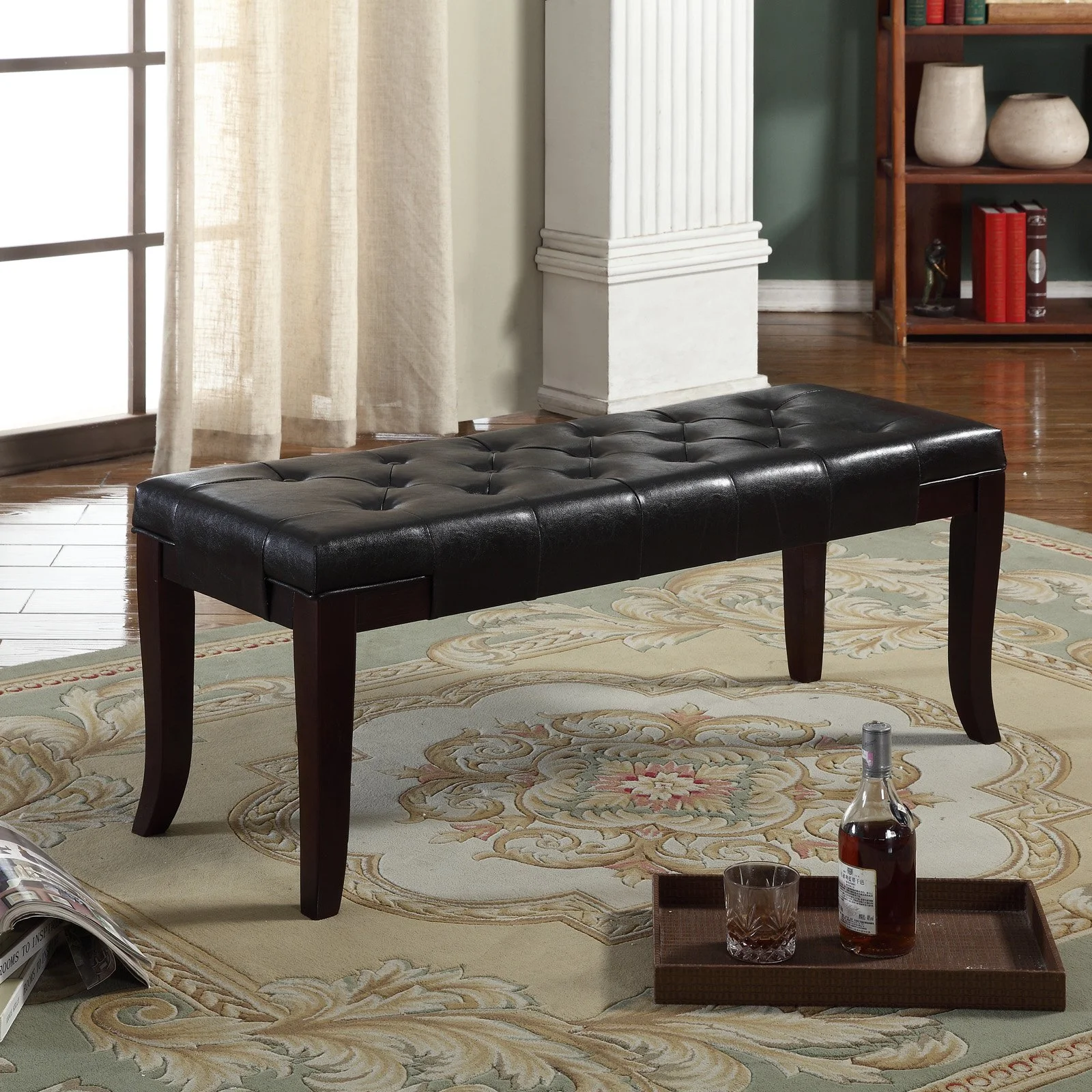 Roundhill Furniture Linon Leather Tufted Bench, Black