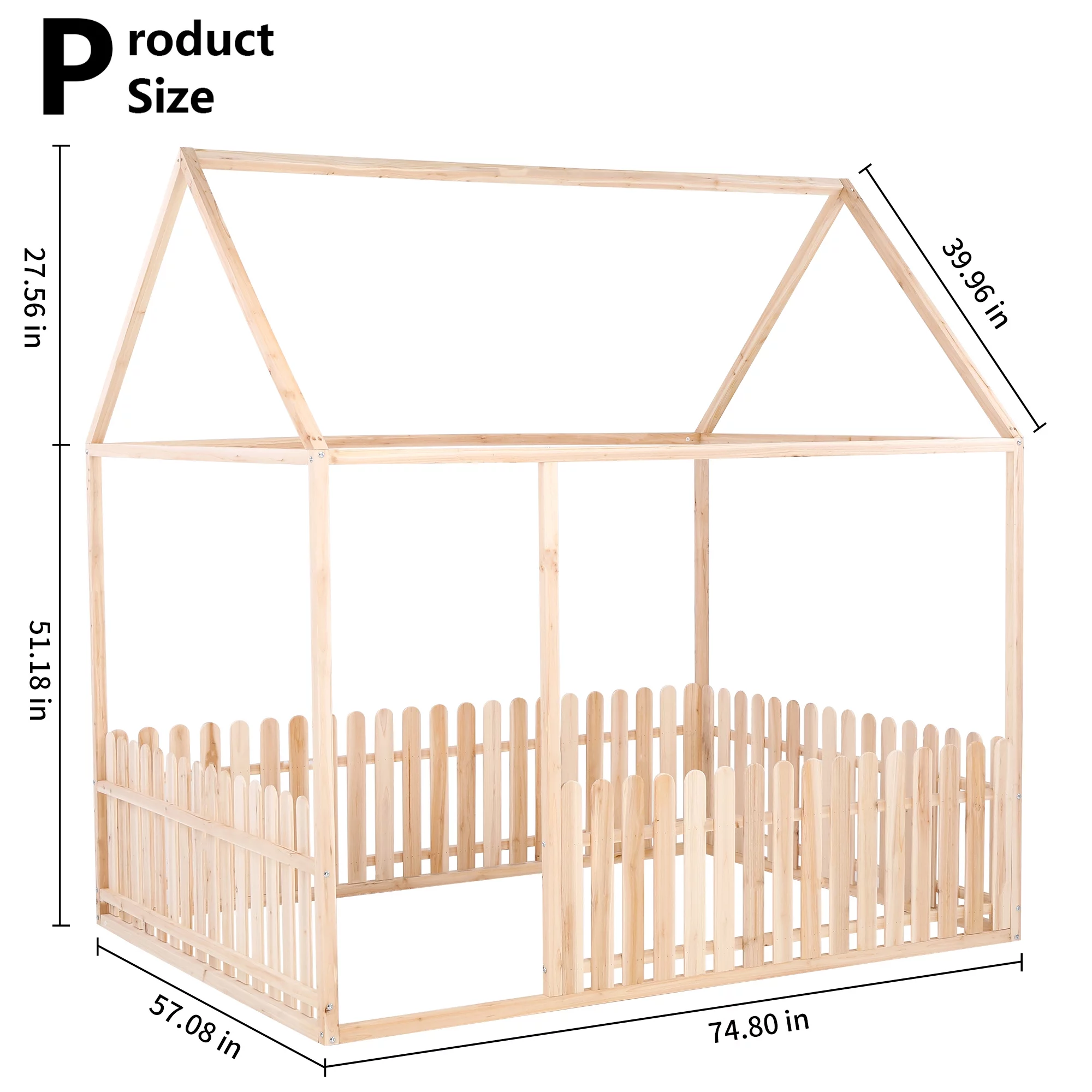 LANTRO JS full size single floor bed frame, children's room bed with roof and fence, wooden room bed, floor bed, single bed for children, teenagers, girls and boys