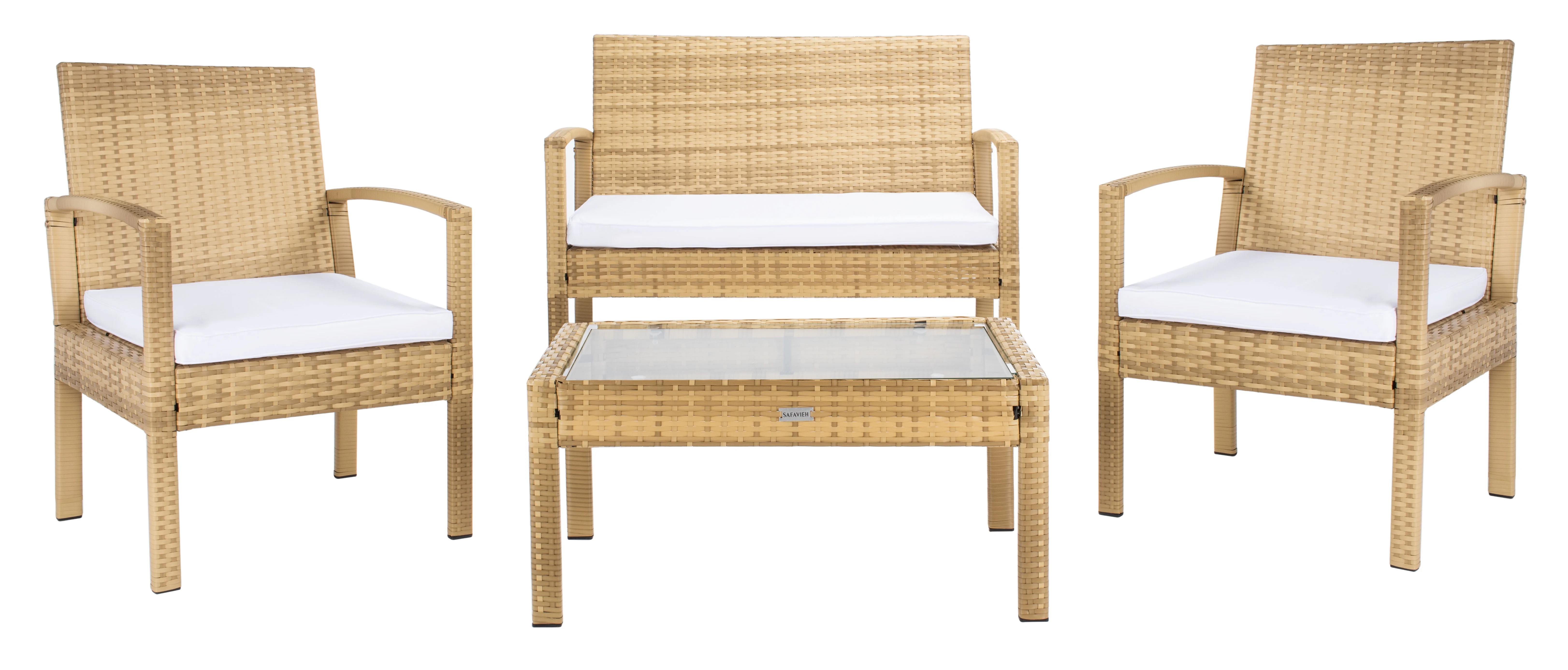 SAFAVIEH Bassey Outdoor Patio 4 Pc Conversation Set, Natural/White