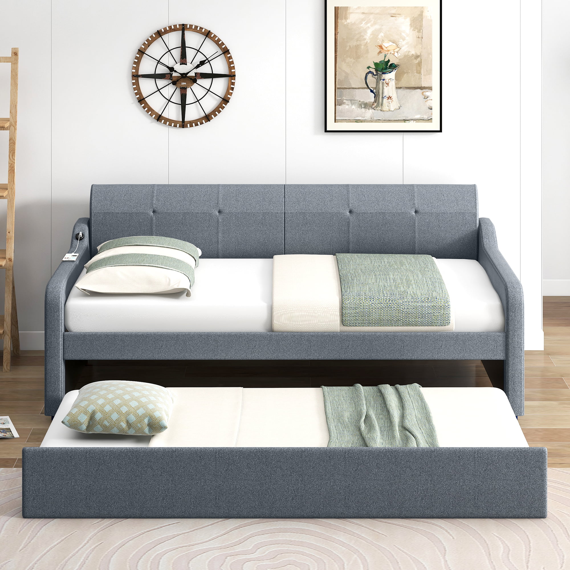EUROCO Twin Size Upholstery DayBed with Convertible Trundle and USB Charging Station, Gray