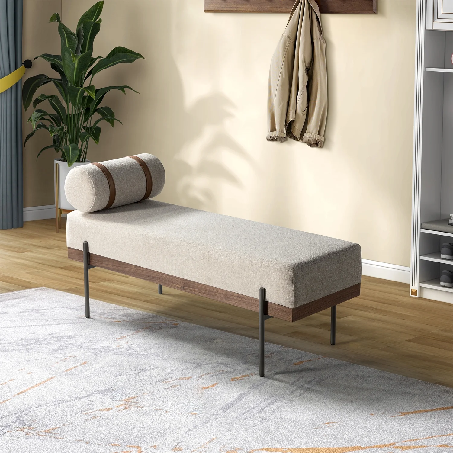 Upholstered Bench Entryway Grey Bench with One Pillow for Living Room Bedroom