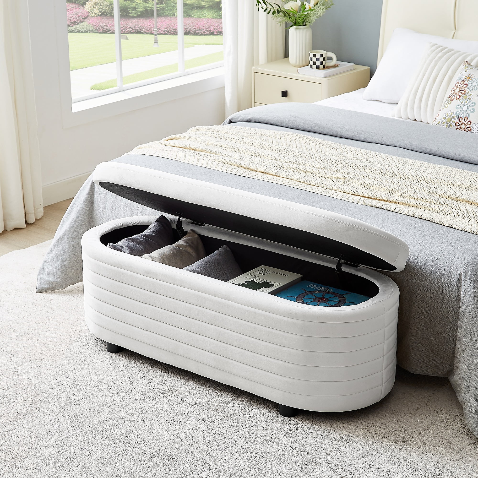 HUTWIFE Storage Ottoman, Upholstered Window Sitting Bench for Bedroom, Velvet End of Bed Bench Indoor, Livingroom, Entryway (White)