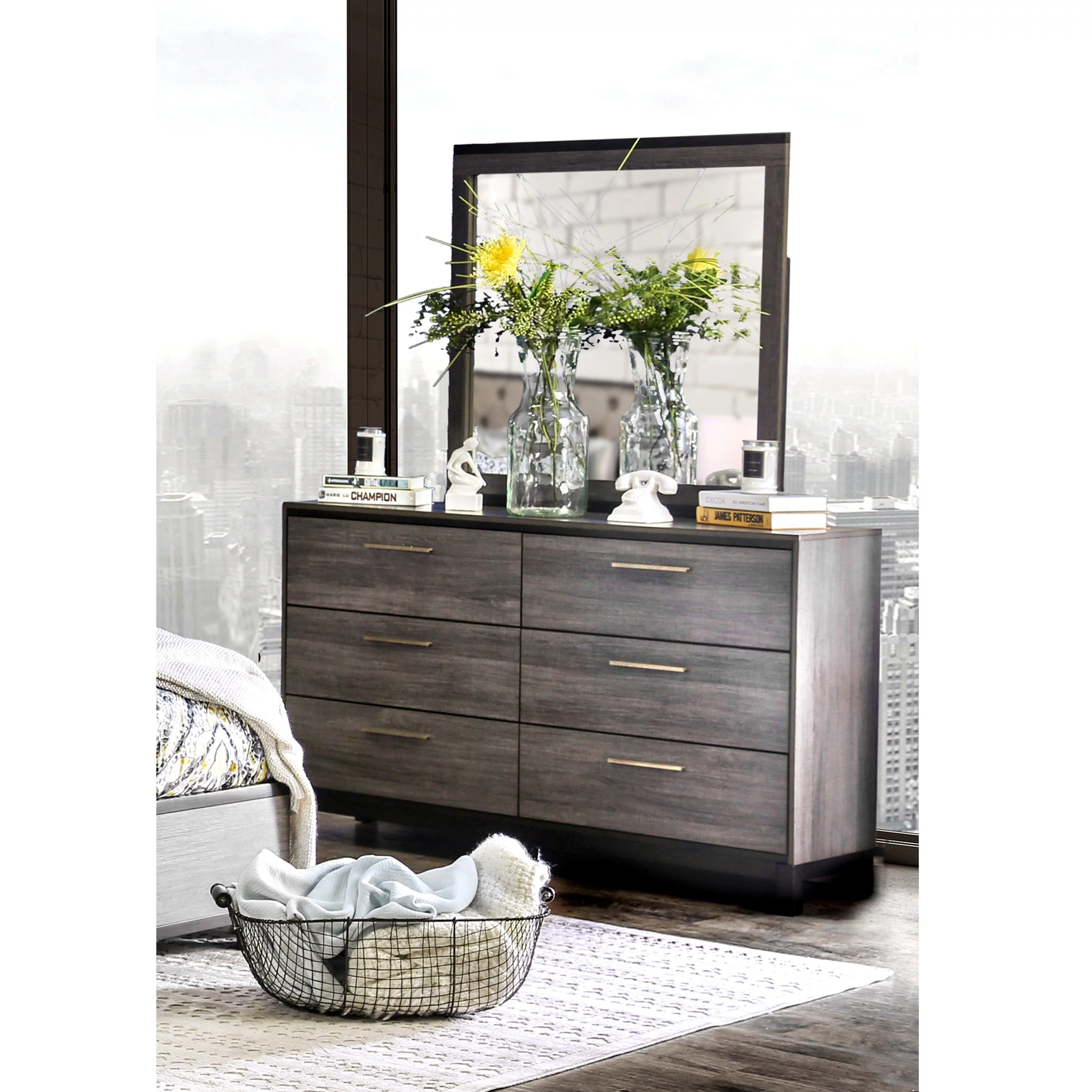 Furniture of America Fika Rustic Grey Wood 2-piece Dresser and Mirror Set by