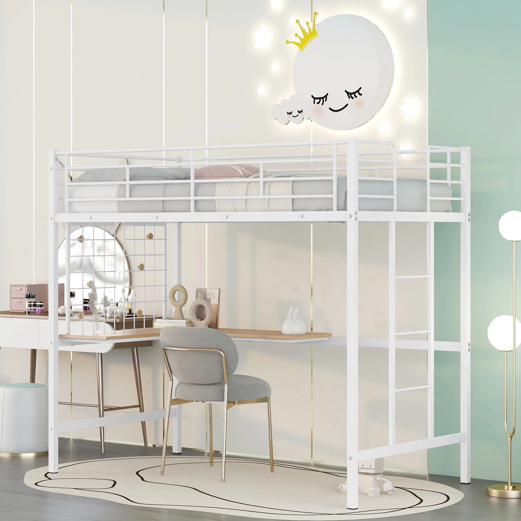 Kuurfuurdo Twin Loft Bed with Desk for Teen, Metal Frames Bunk Bed with Grid, White
