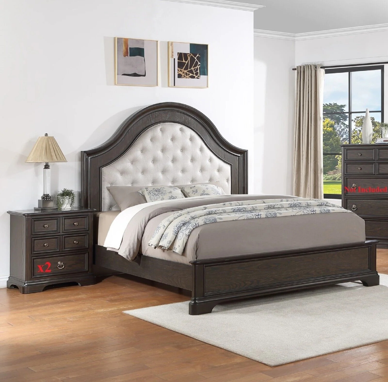 Classic Vintage Charm 3pc Queen Size Arched Panel Bed and Storage Nightstands Bedroom Set