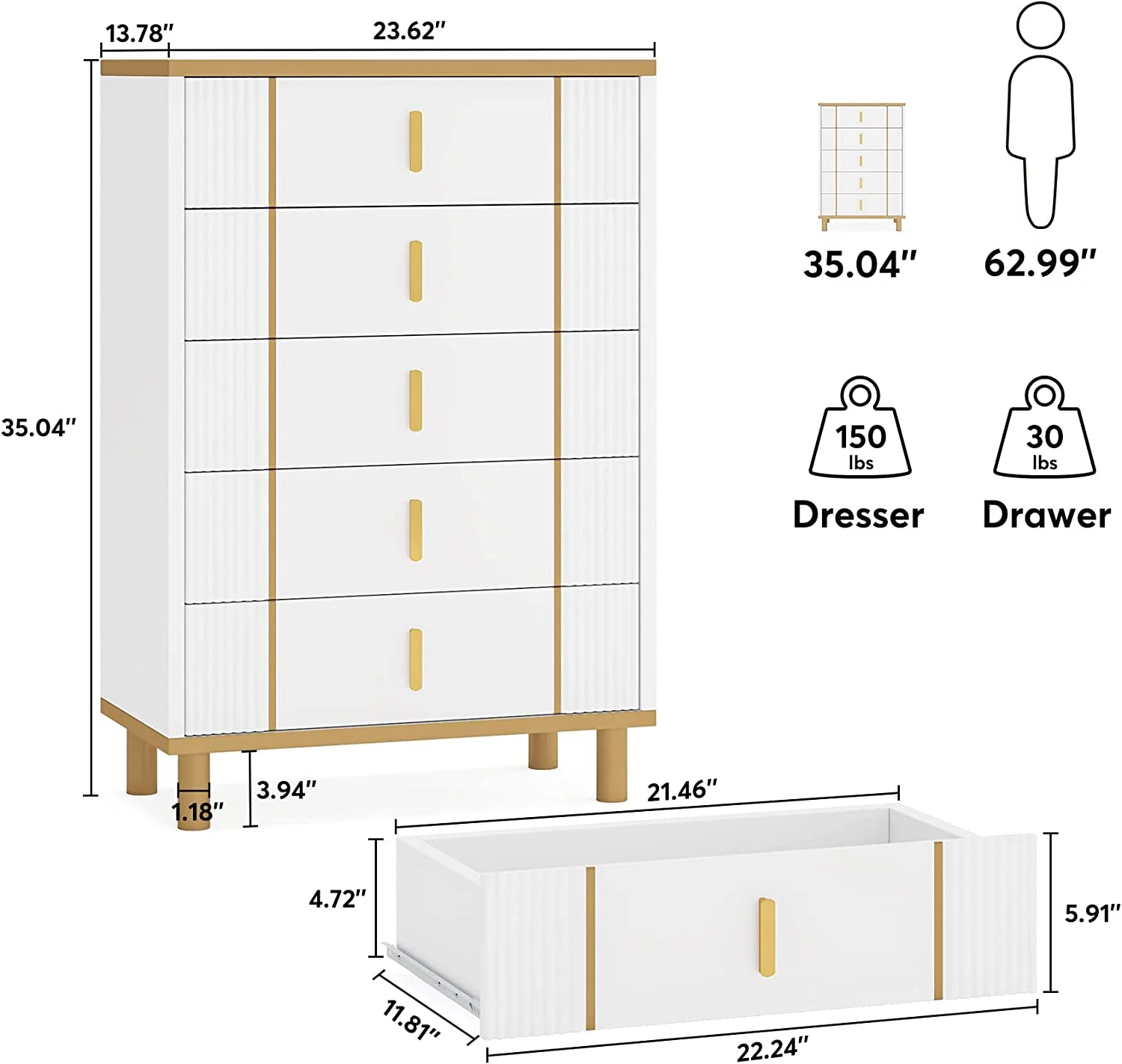 NLIBOOMLife Dresser for Bedroom with 5 Drawers  Modern Dresser Tall 5 Chest of Drawers  Organizer Dresser  Wood Dressers & Chests of Drawers with Gold Handle for Bedroom Closet  White