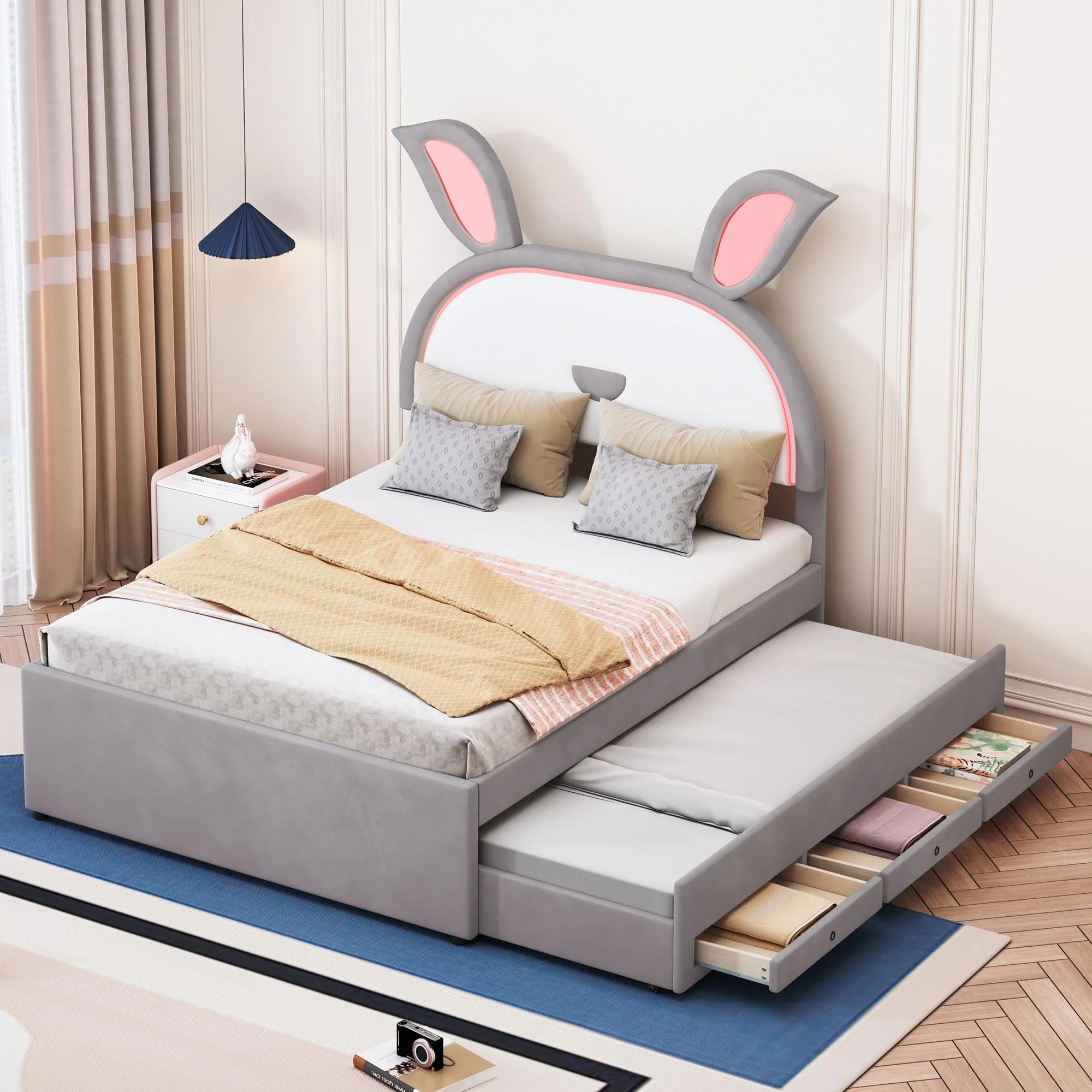 Bellemave Full Storage Bed Frame with Trundle, Upholstered Rabbit-Shape Platform Bed with LED Lights, Full Size Princess Bed with Storage for Kids Teens Adults（Gray)