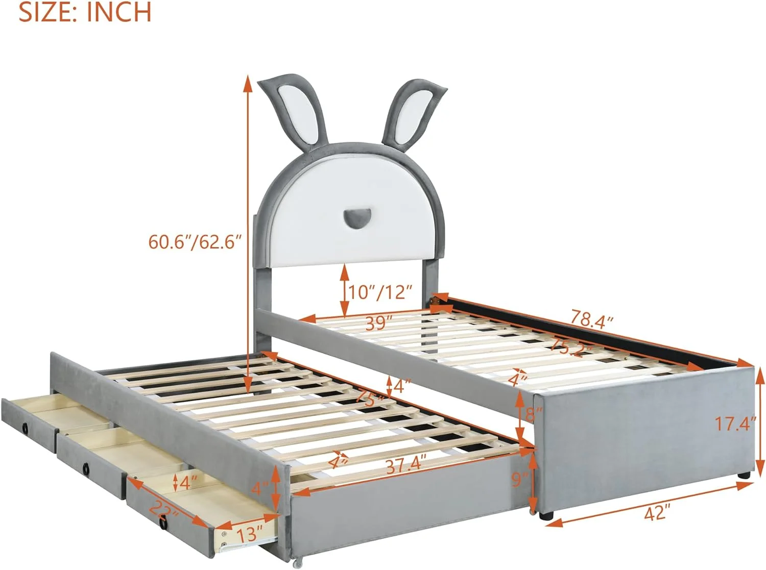 Twin Size Upholstered Platform Bed with Trundle and 3 Drawers, Twin Bed Frame with Rabbit-Shaped Headboard and Embedded LED Lights