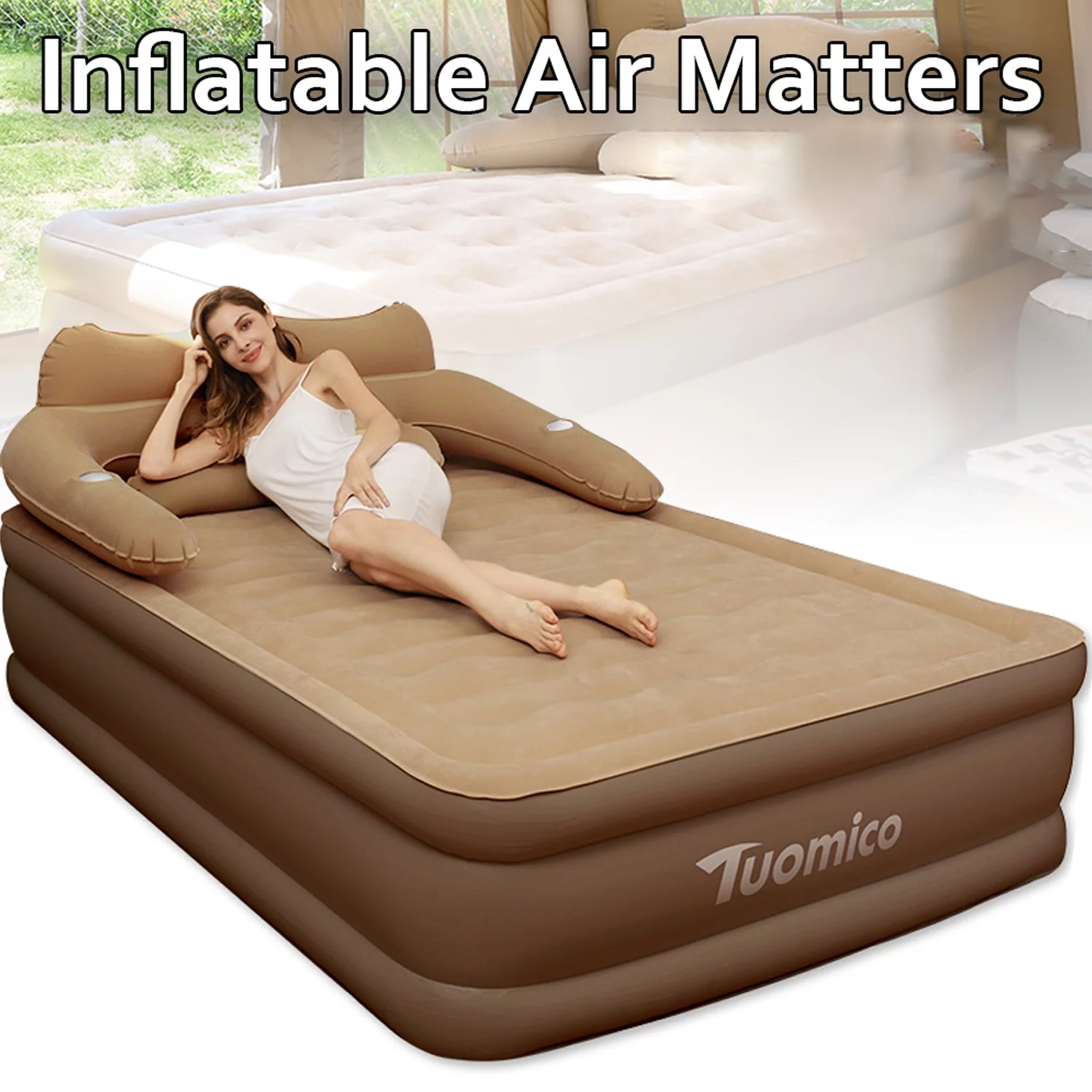 TUOMICO 18 inch Queen Air Mattress, Inflatable Airbed with Built-in Pump for Guest Home Camping Travel, 600lb Max, (Twin Size 18