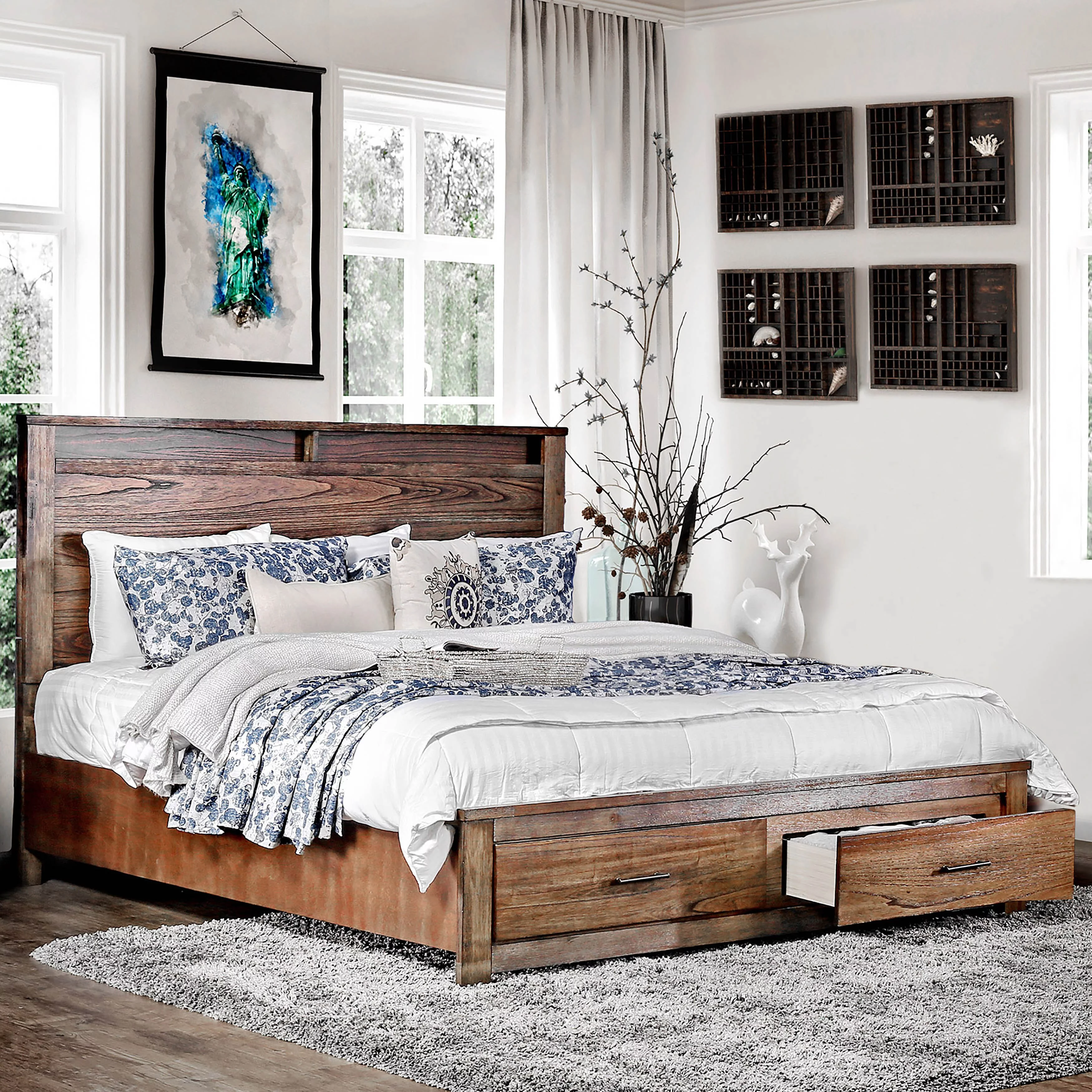Furniture of America Slyvester Rustic Brown Queen Wood 2-Piece Storage Platform Bed Set by