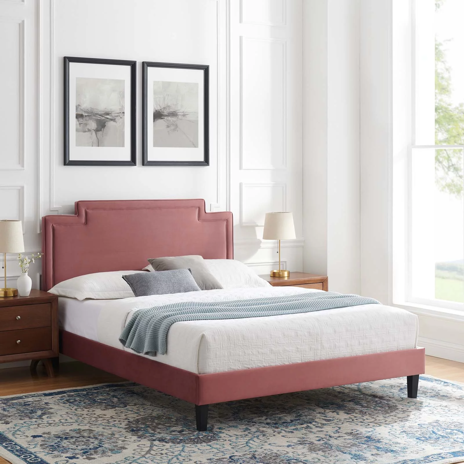 Modway Liva Performance Velvet King Bed in Dusty Rose