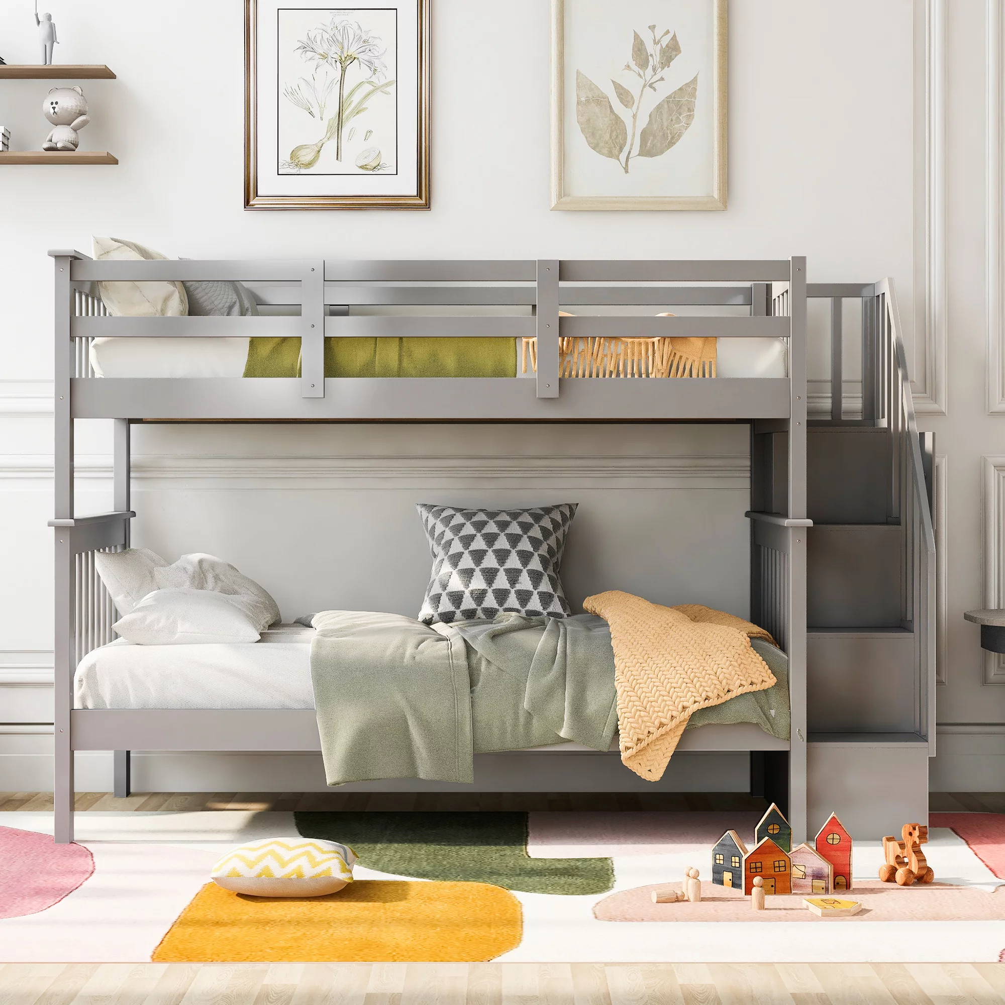 Dcenta Stairway Twin-Over-Twin Bunk Bed with Storage and Guard Rail for Bedroom, Dorm, Gray color