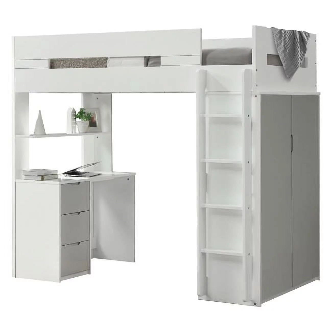 Loft Bed - Laminated Veneer Lumber, White & Gray