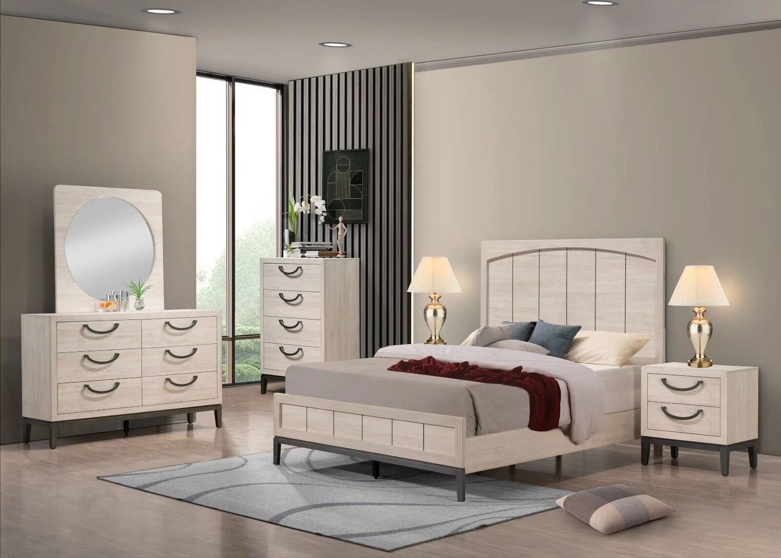 4Pc Unique Design Bedroom Set Beige Finish King Size Bed Dresser Mirror Nightstand Solid Wood
