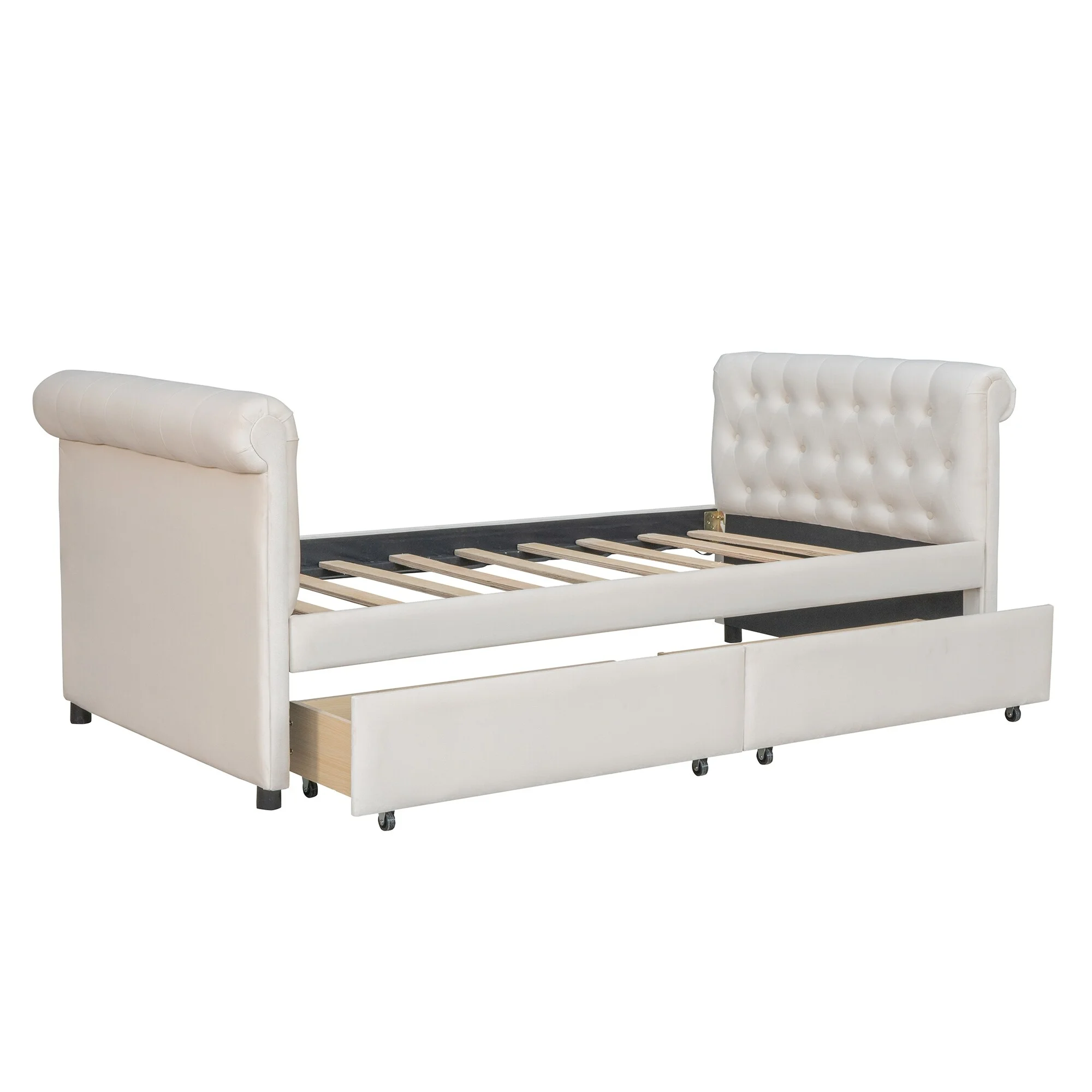 Twin Size Upholstered Daybed with Drawers and Armrests Beige
