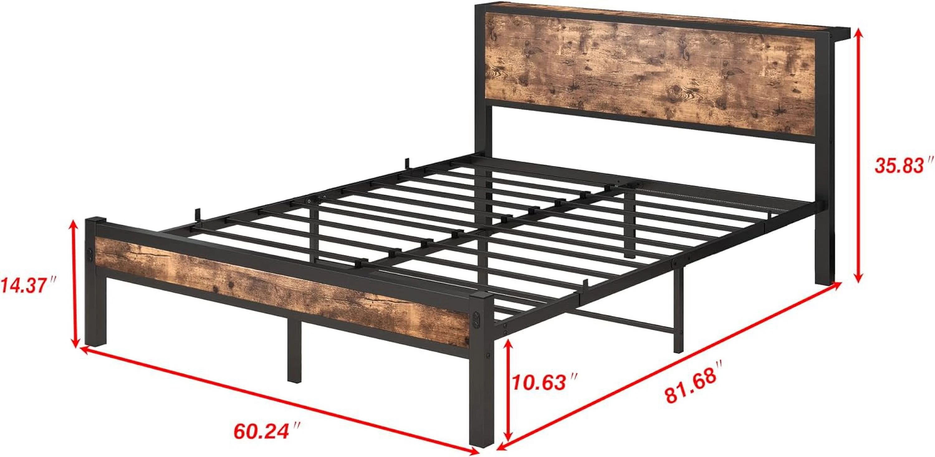 Bed Frame Queen Size with Wood Storage Headboard, Metal Queen Platform Bed Frames, No Box Spring Needed, Noise Free, Black & Rustic Brown