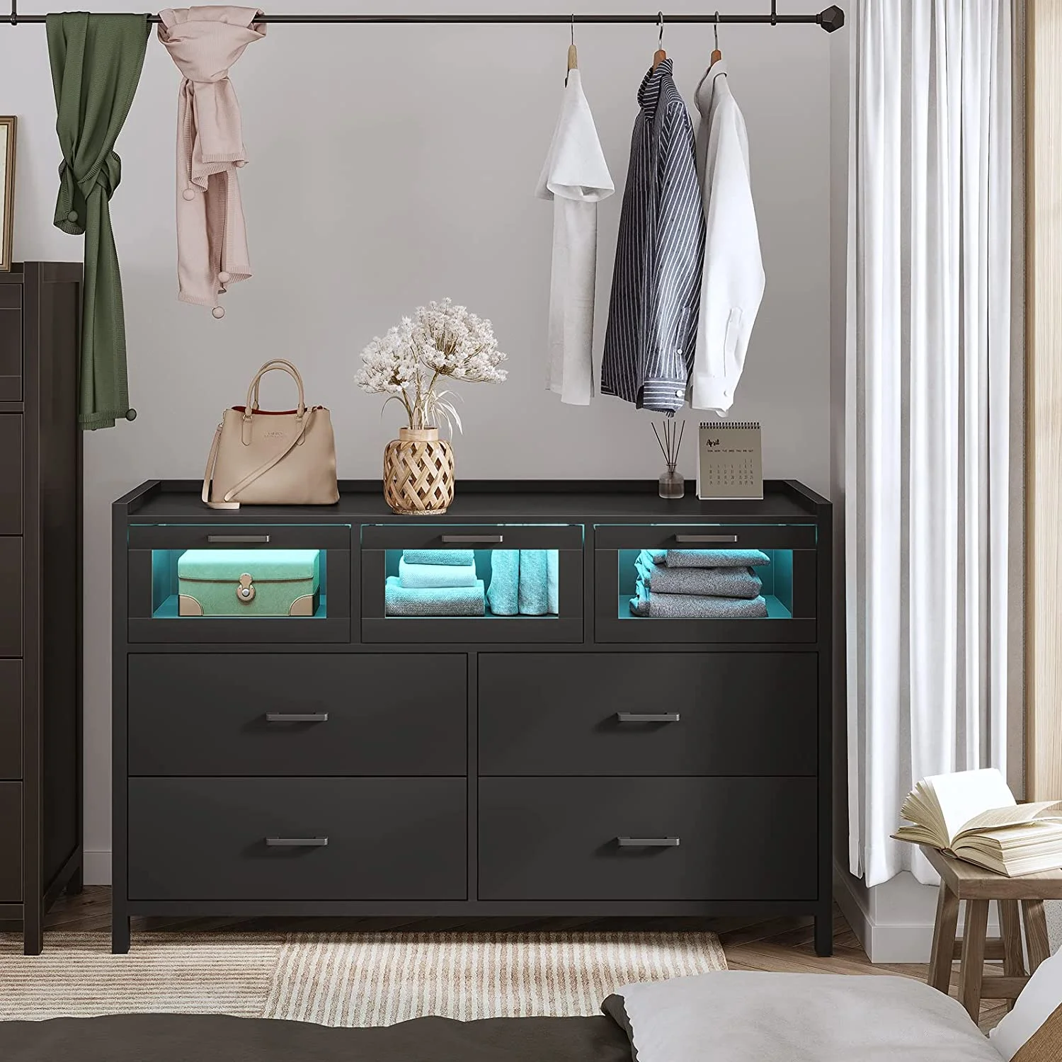 7 Drawers Dressers Wood Storage Cabinet LED Lights Glass Drawers Chest for Bedroom, Kids Room, Hallway,White