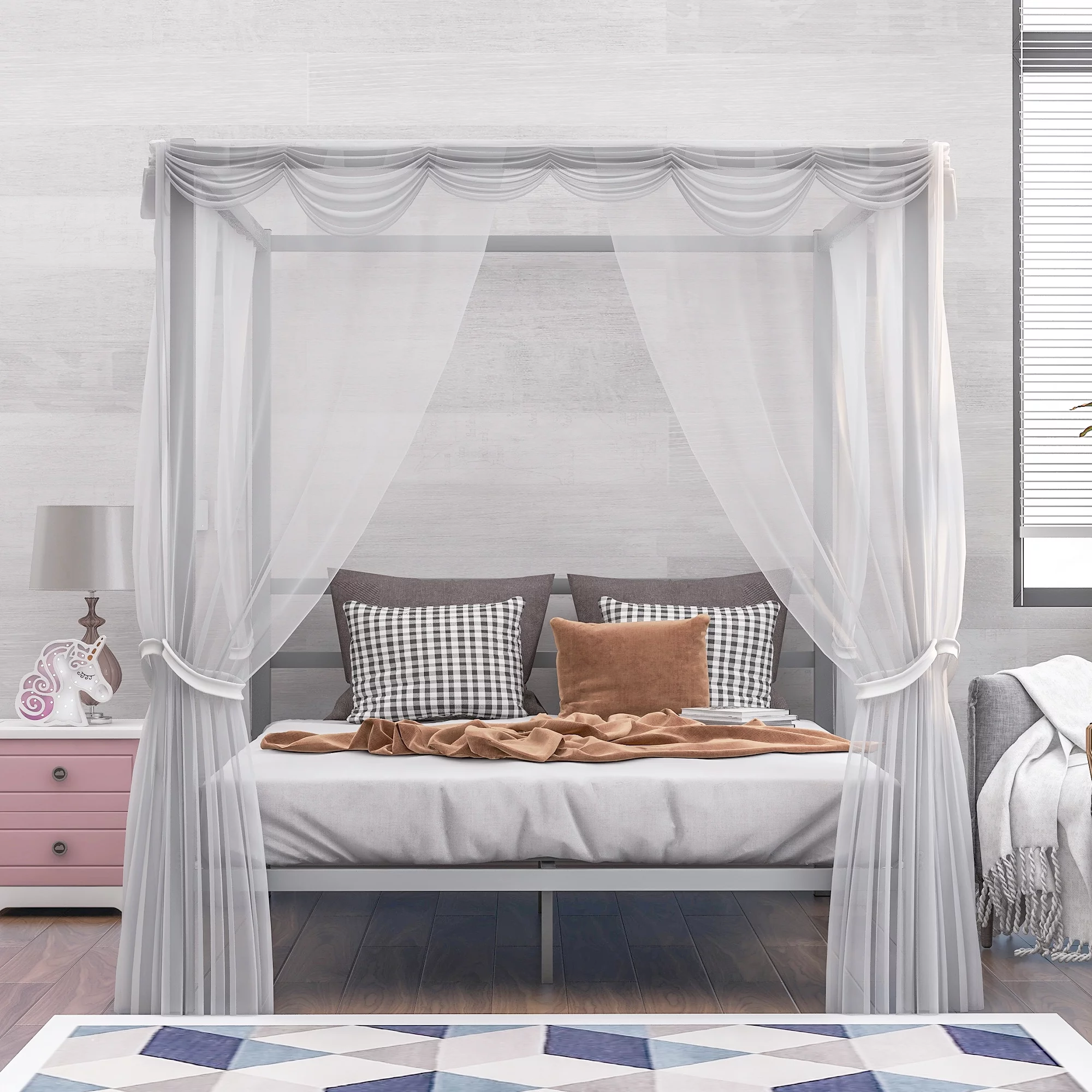 Metal Framed Canopy Platform Bed with Built-in Headboard,No Box Spring Needed, Classic Design, Queen , Sliver