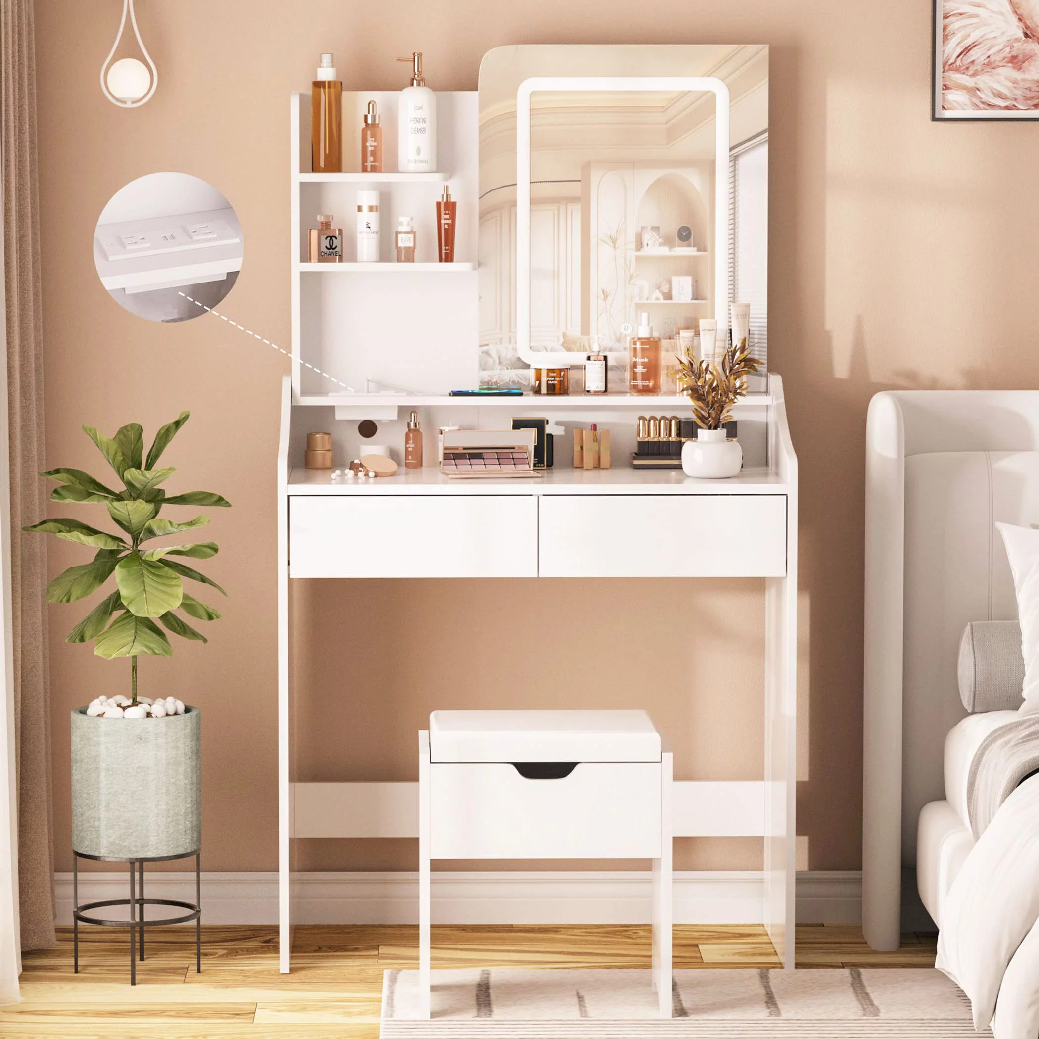 Veanerwood Makeup Vanity Desk with Lights and Power Strip, Vanity Dressing Table Set with Drawers and Shelves, Bedroom, 31.5in, White