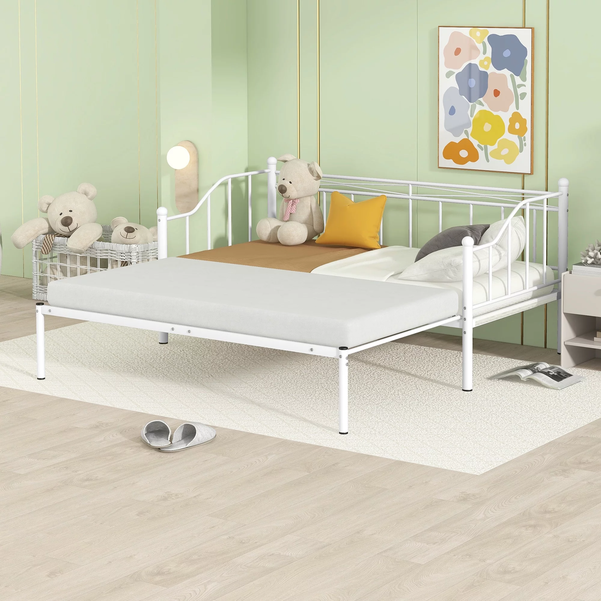 uhomepro Metal Daybed with Trundle, Twin Size Daybed Sofa Bed for Living Room, Sleeper Bed Frame, No Box Spring Needed, White