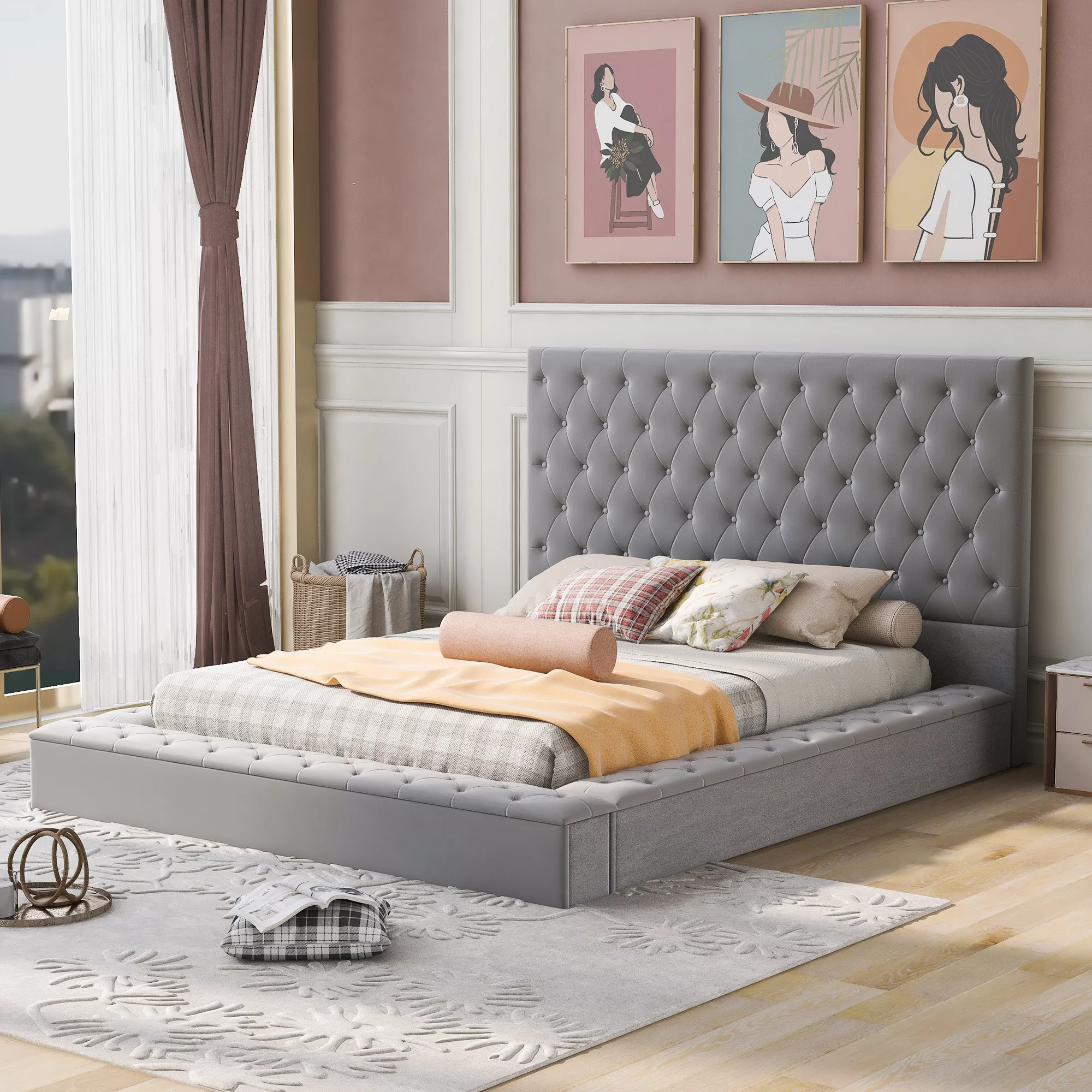 Full Size Upholstery Low Profile Storage Platform Bed with Storage Space on both Sides and Footboard,Gray