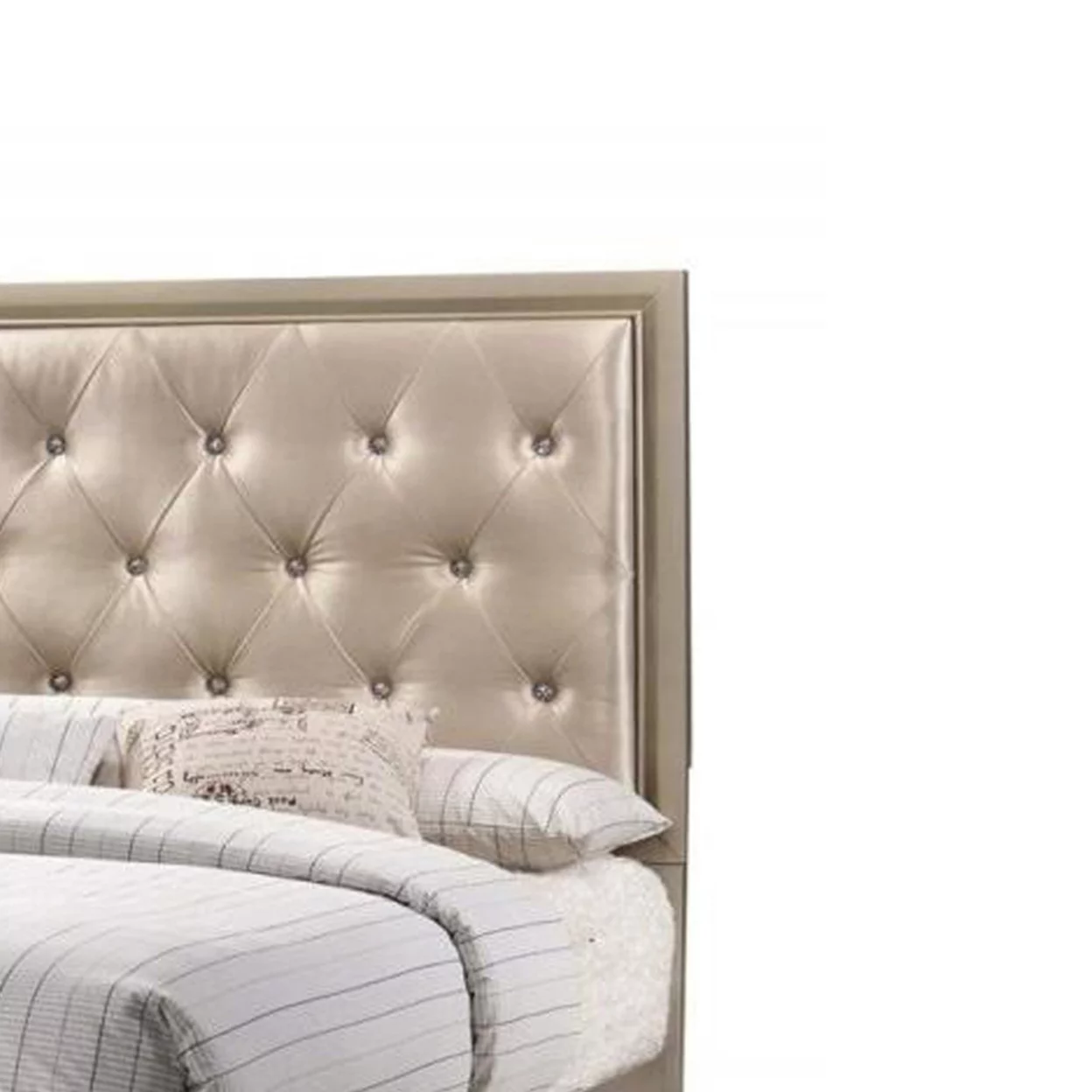 Transitional Wooden Queen Size Bed with Button Tufted Headboard, champagne- Saltoro Sherpi