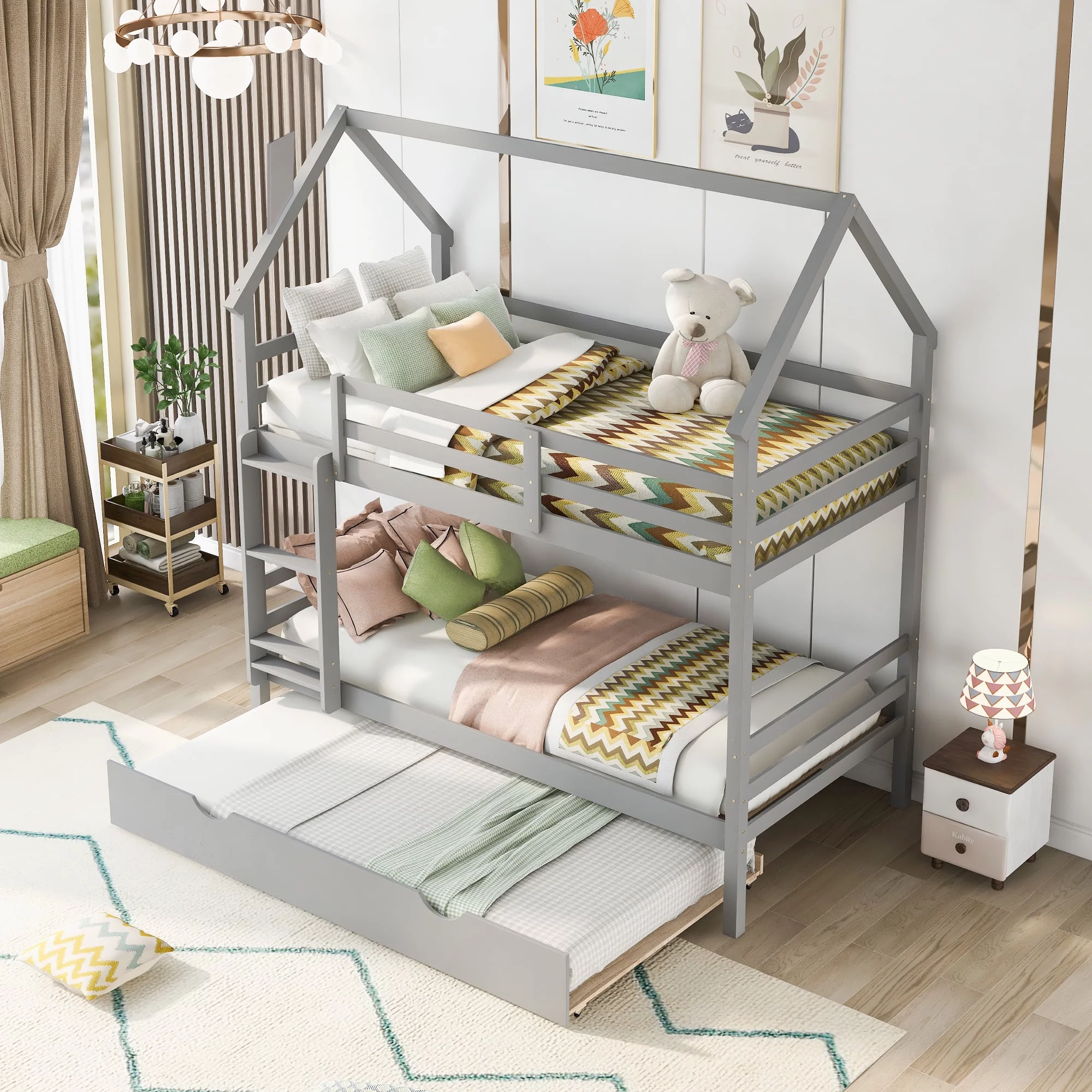 Artlia Twin over Twin House Bunk Bed with Trundle and Chimney Design,Gray