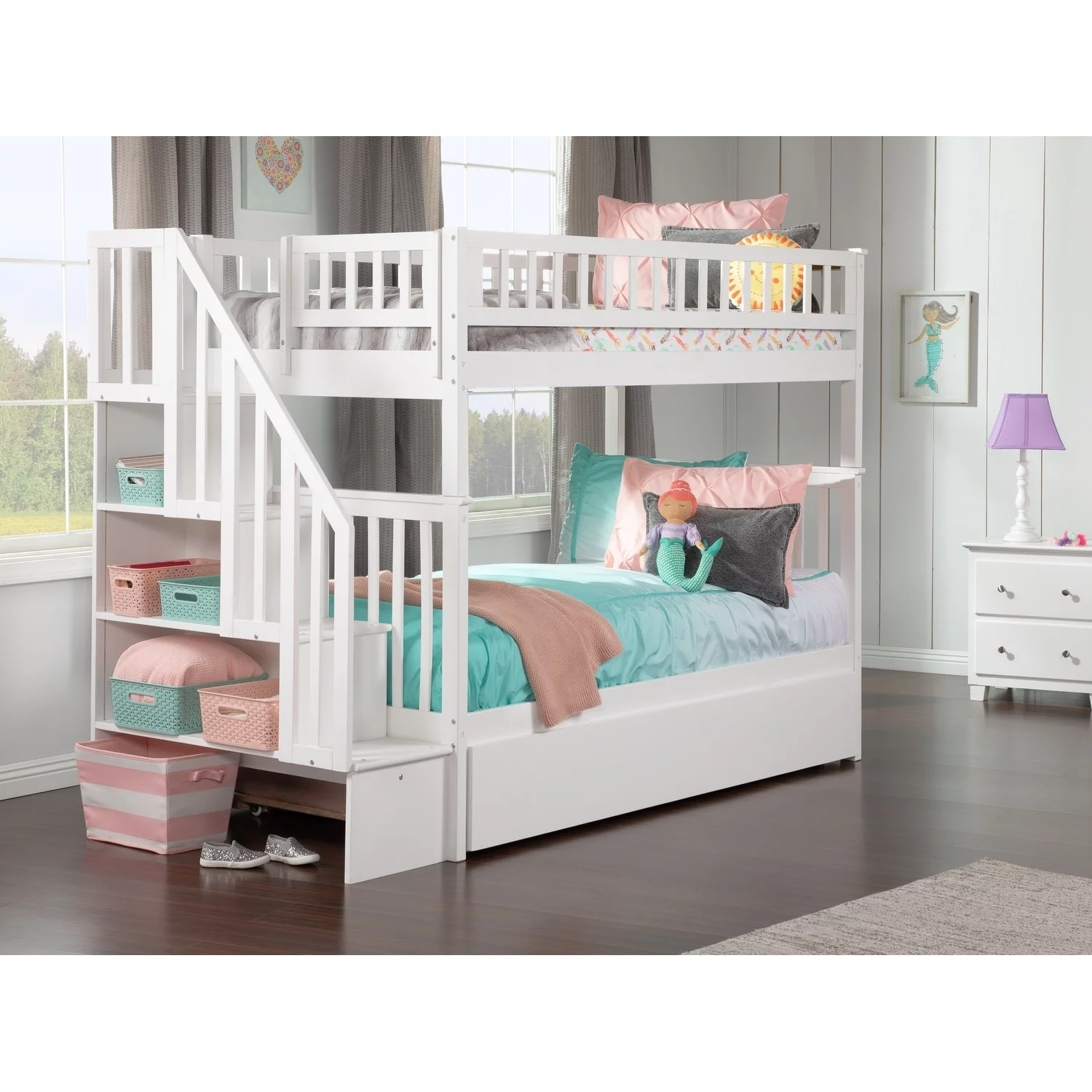 AFI Woodland Staircase Bunk Bed Twin over Twin with Twin Trundle in White