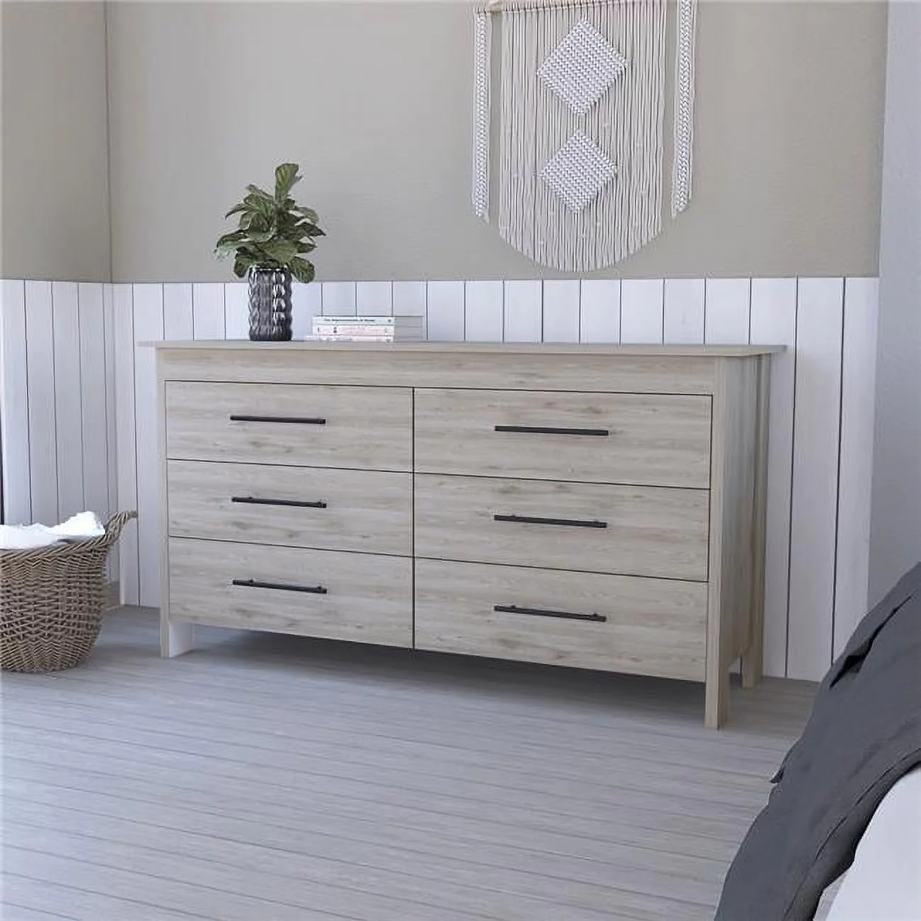 HomeRoots 488520 32 in. Manufactured Wood Six Drawer Double Dresser, Light Gray