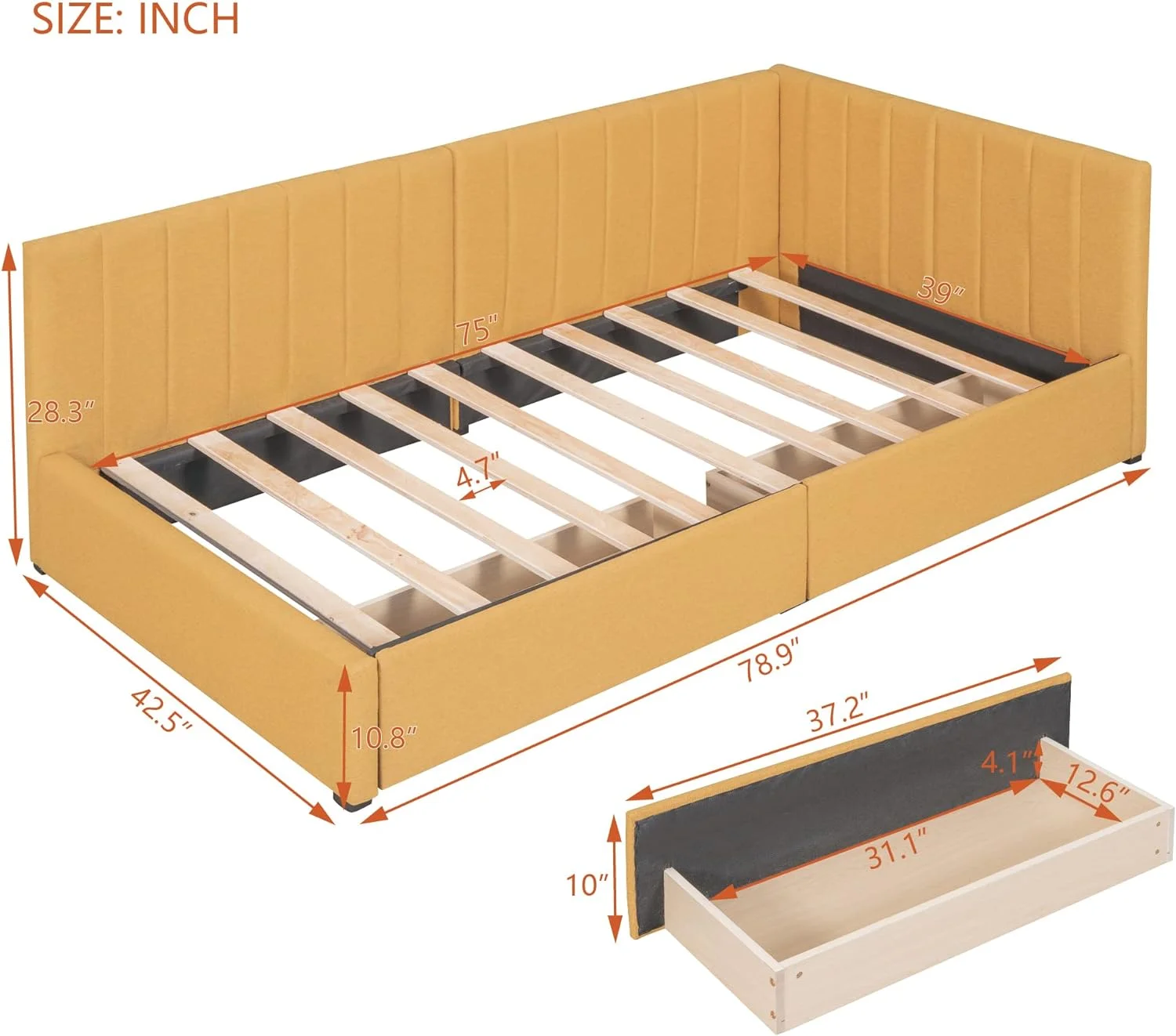 Upholsered Daybed Wih 2 Sorage Drawers, Size Daybed Wih Wood Slas, Lie Fabric Size Sofa Bed Frame For Livig Room Bedroom, o Box Sprig eeded (, Yellow)