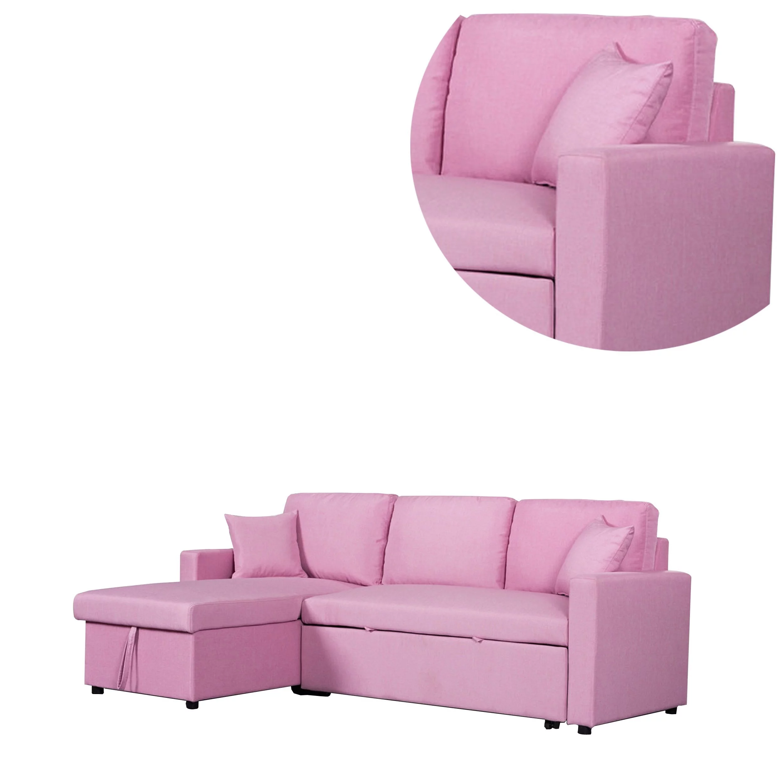 Kip 82 Inch Modern Sleeper Sectional Sofa Bed with Storage Chaise, Pink