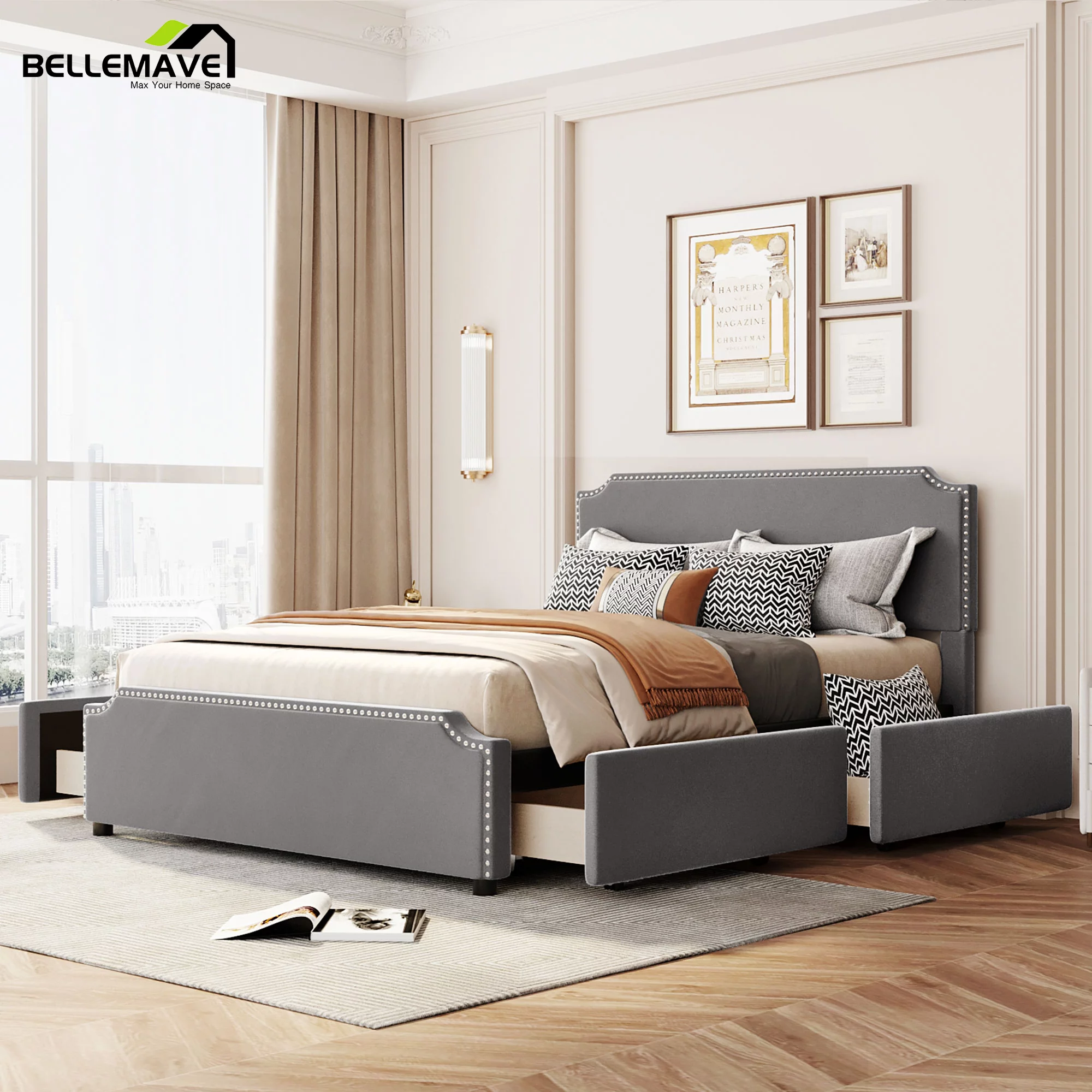 Bellemave Queen Size Velvet Upholstered Platform Bed with 4 Storage Drawers, Wood Bed Frame with Nailhead Trim Headboard for Bedroom, Guest Room (Gray)