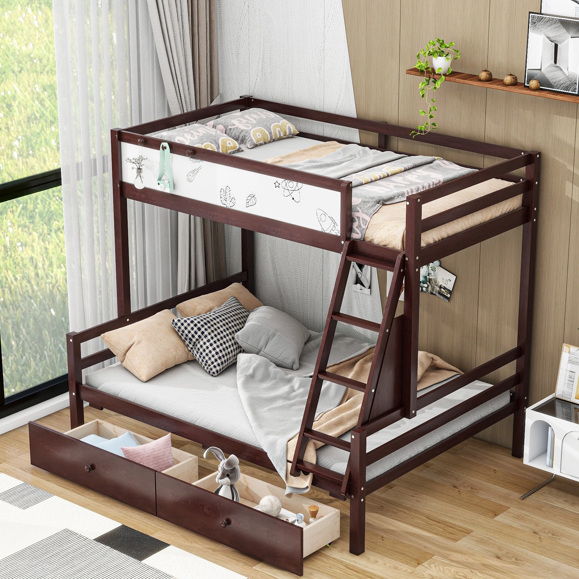 Euroco Wood Twin over Full Bunk Bed with 2 Drawers and Writting Whiteboard for Kids Teens Adults, Espresso
