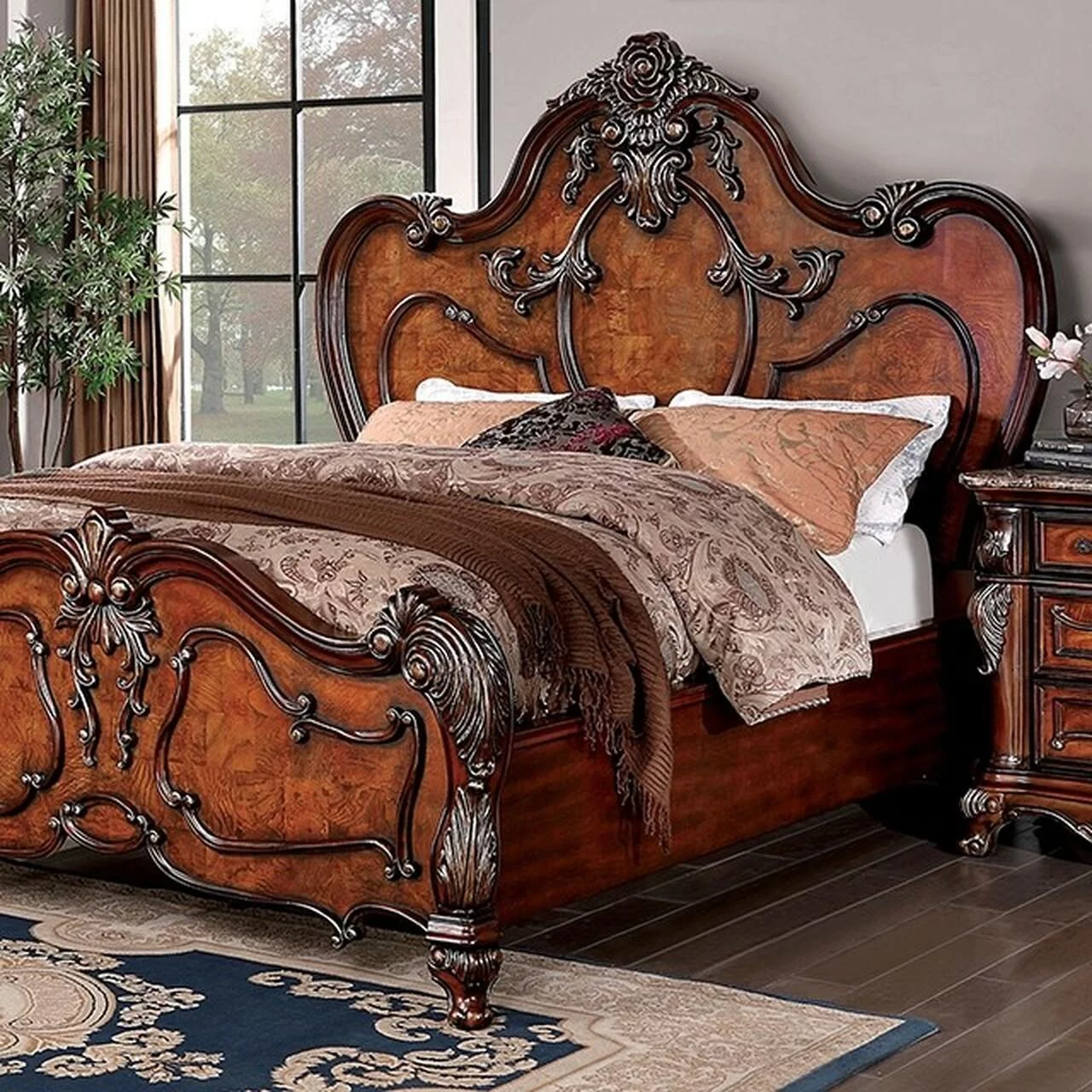 Antique Dark Oak Solid Wood Queen Bedroom Set 5pcs FOA CM7183 Rosewood