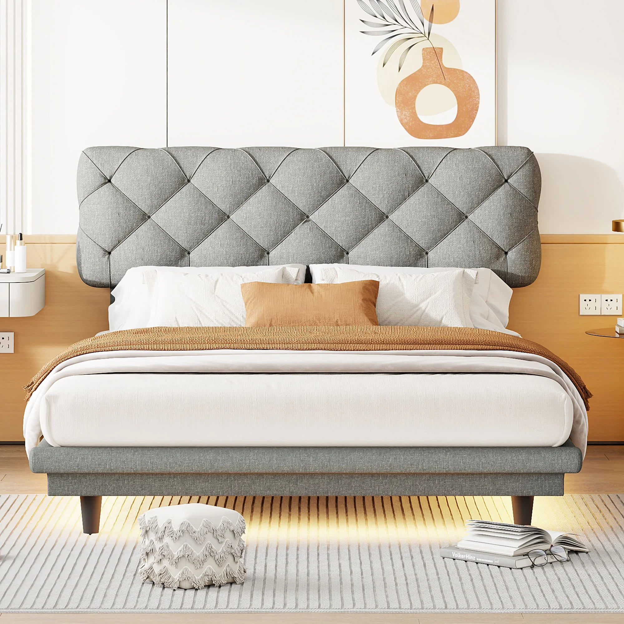 CoSoTower Full Size Upholstered Bed with Light Stripe, Floating Platform Bed, Linen Fabric,Gray