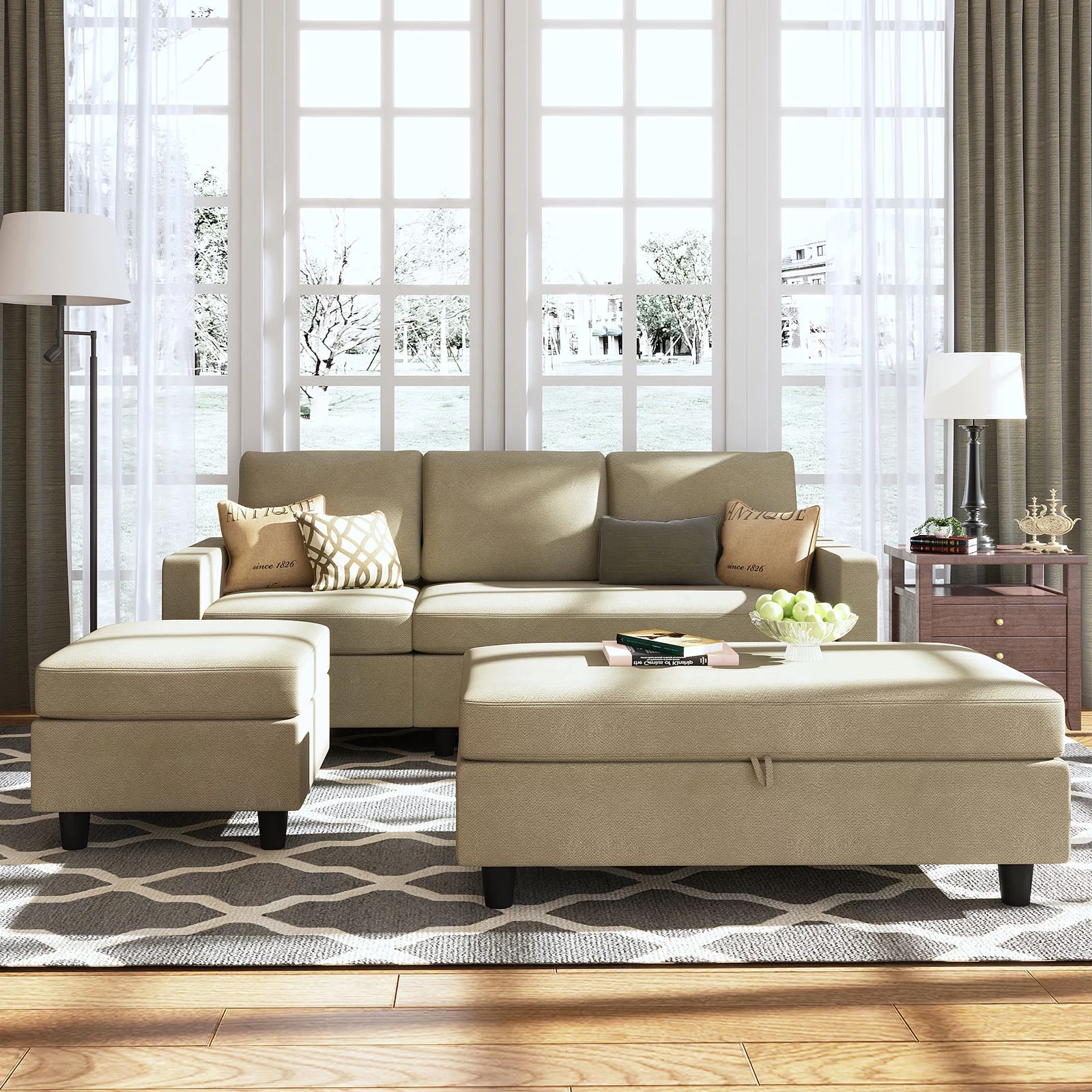 HONBAY Reversible Sectional Couch with Chaise Modern Sofa Set, Beige Polyester